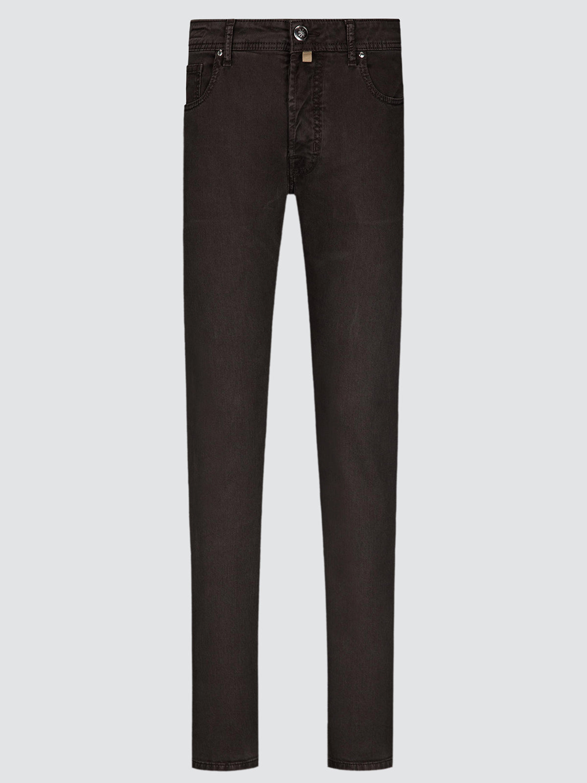 Dark brown slim-fit jeans shown flat against a light gray background.
