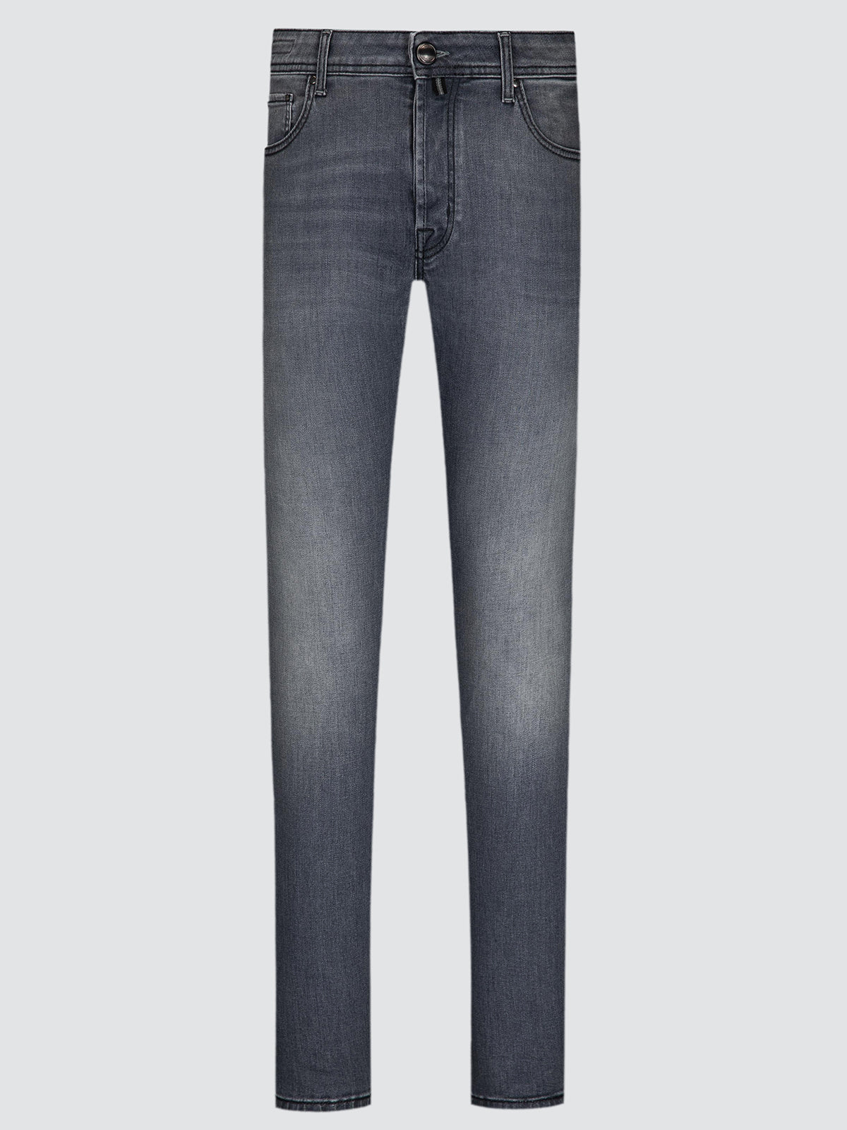 A pair of slim-fit blue denim jeans with a faded wash, shown flat against a light gray background.