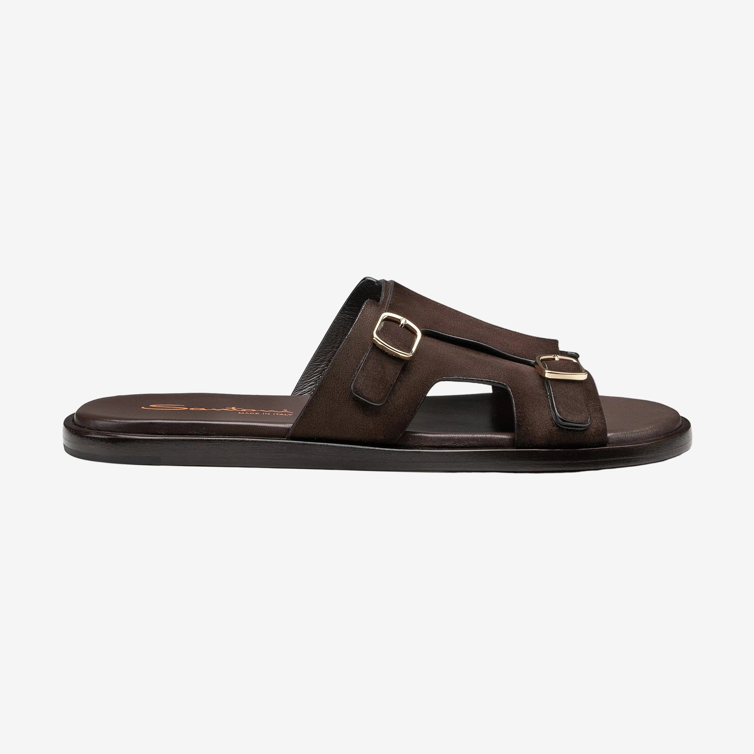 Dark Brown Suede Double-Buckle Sandal