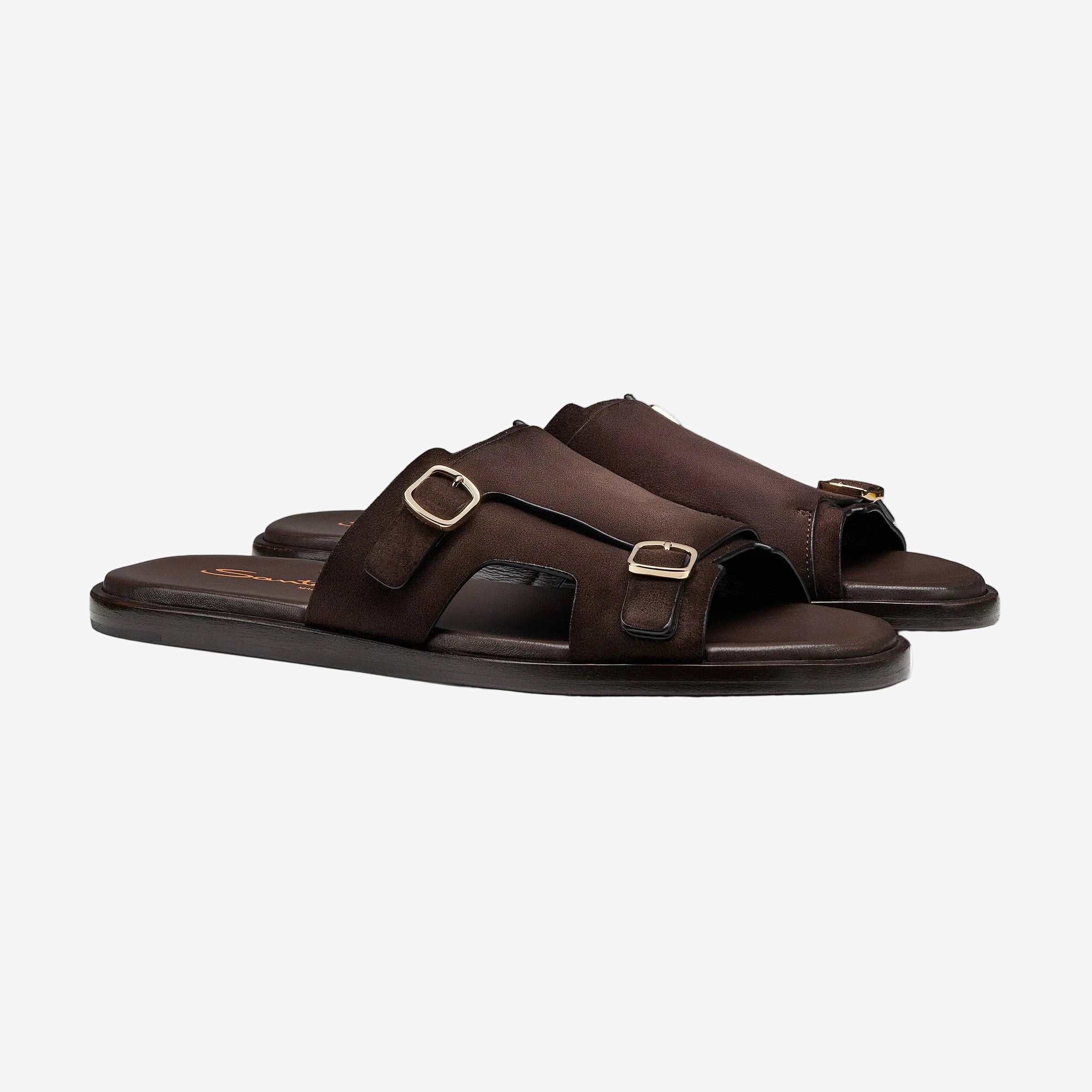 Dark Brown Suede Double-Buckle Sandal