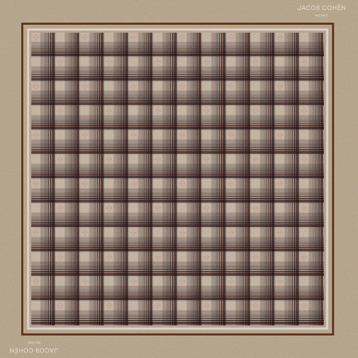 A square scarf with a brown and beige checkered grid pattern, framed by a tan border with 'JACOB COHEN' printed at the top right and 'KHINGO BOWS' at the bottom left, shown on a light beige background.