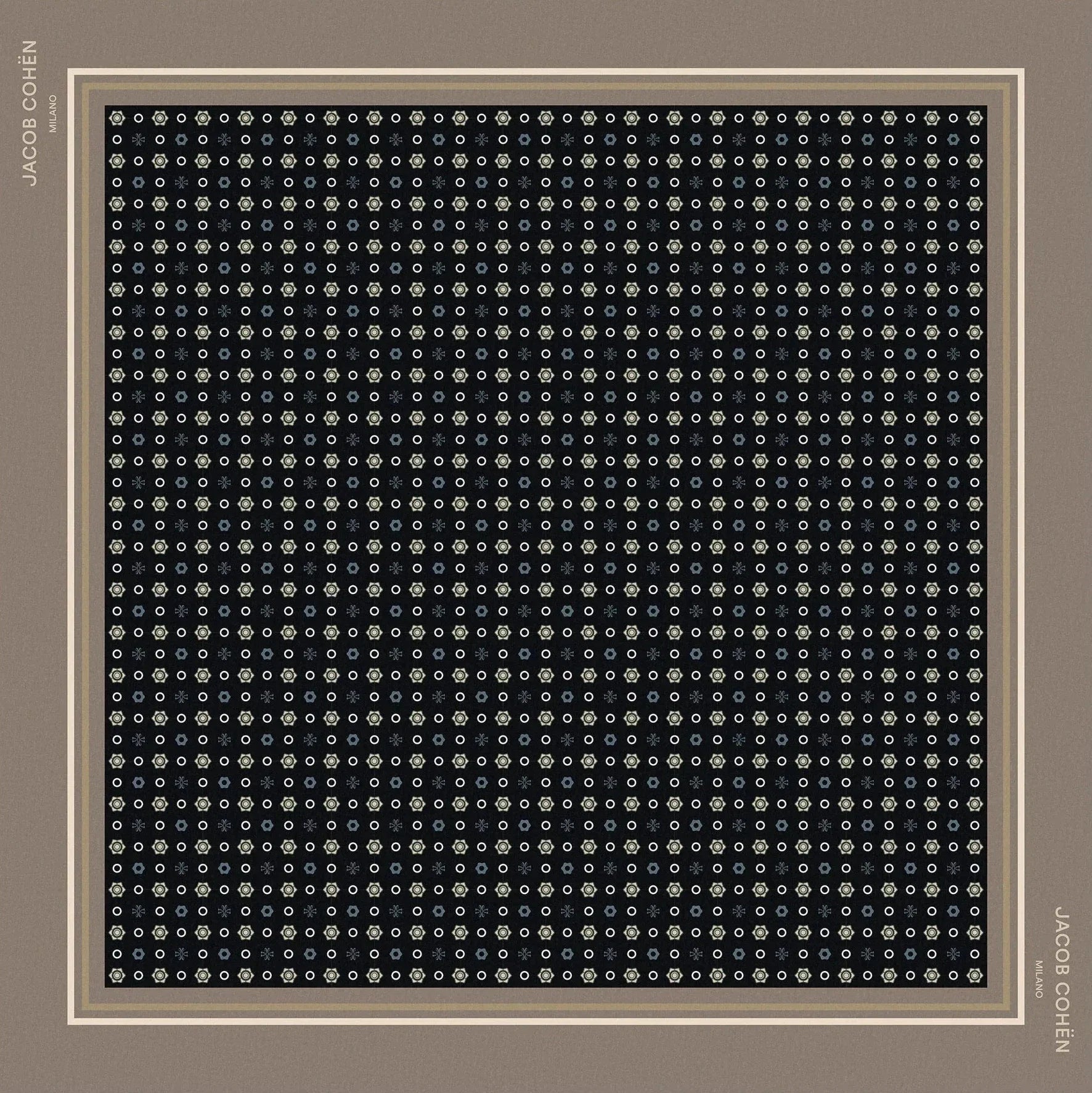 A square scarf by Jacob Cohen, featuring a black and white geometric dot pattern surrounded by a beige border