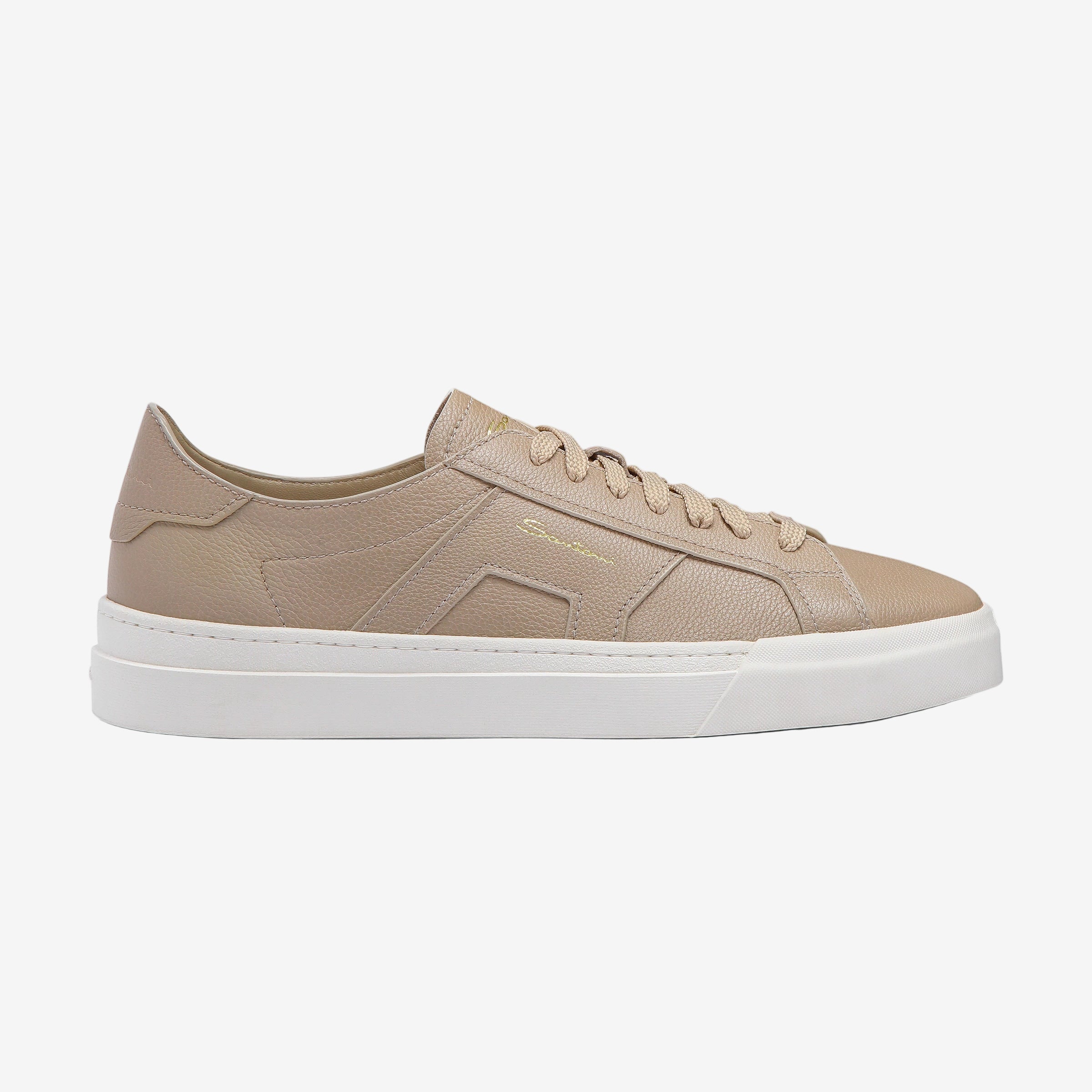 Beige Tumbled Leather Double Buckle Sneakers