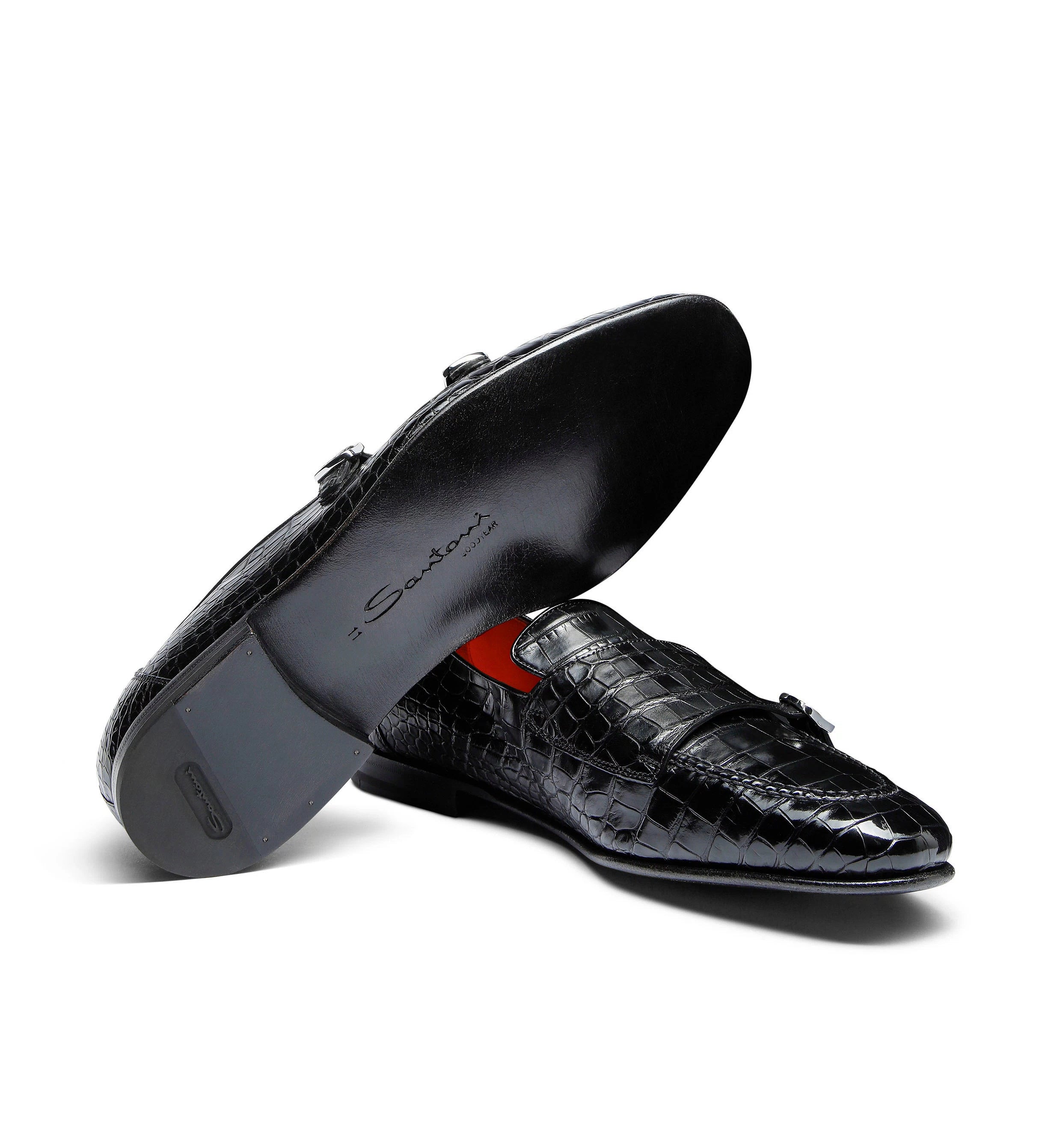 black alligator leather double-buckle loafer