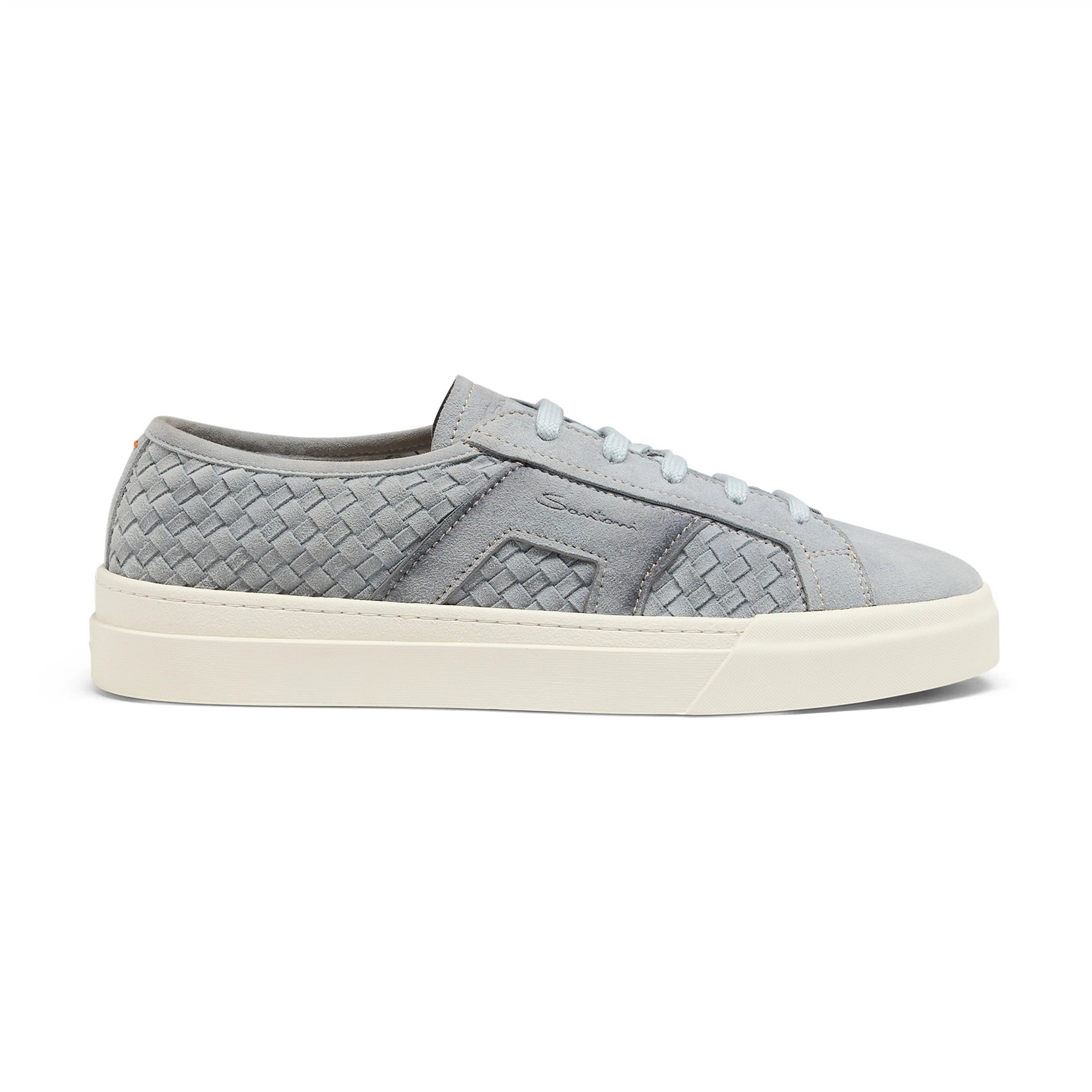 Gray suede woven double buckle sneaker