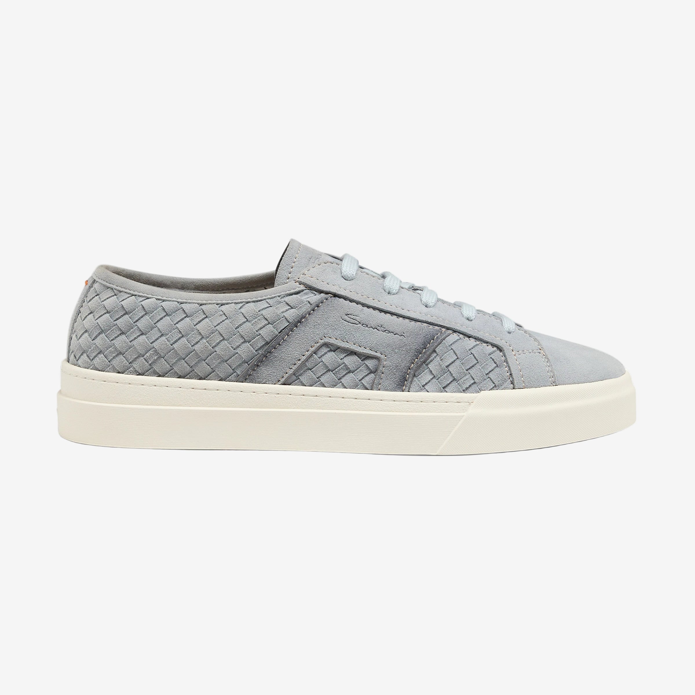 Gray suede woven double buckle sneaker