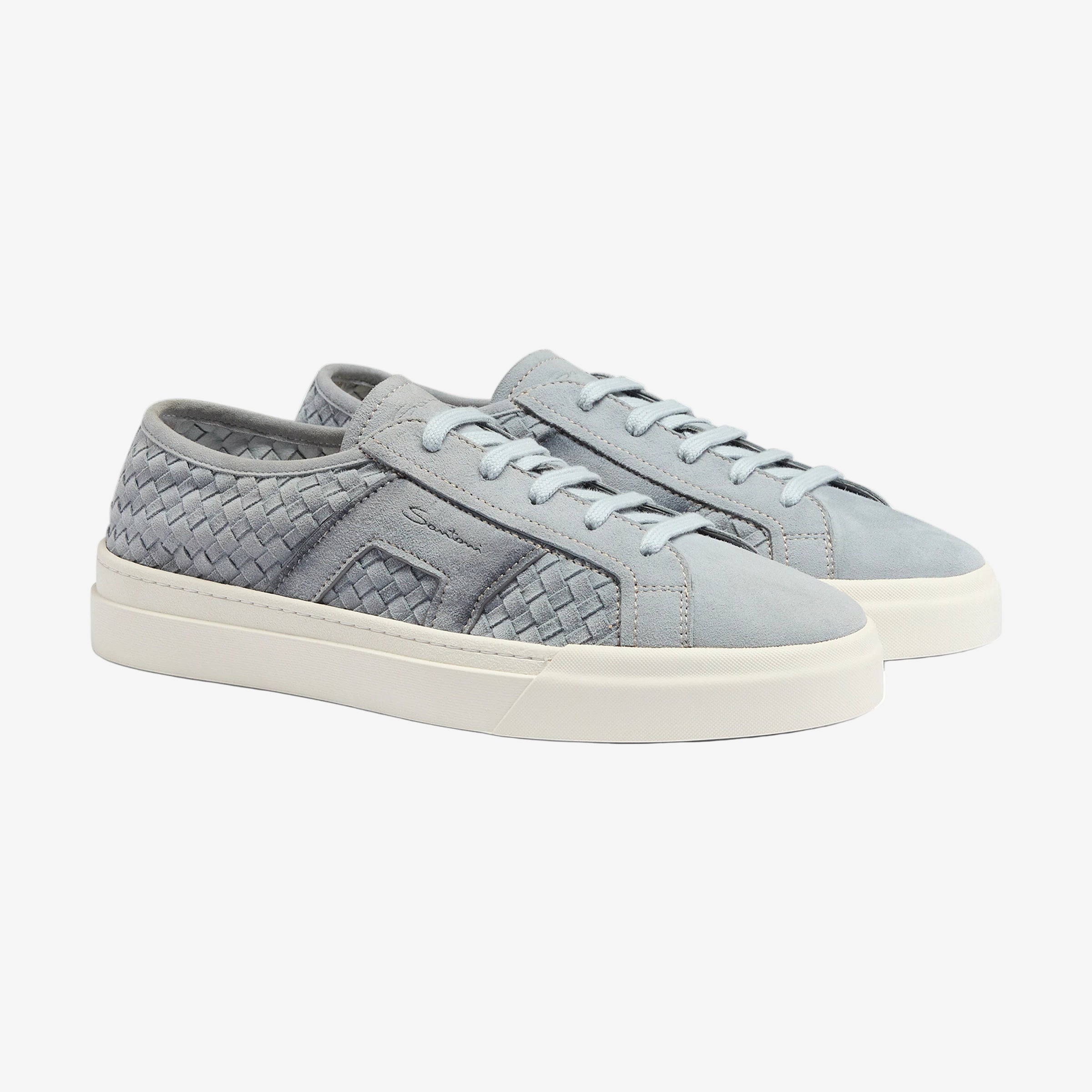 Gray suede woven double buckle sneaker
