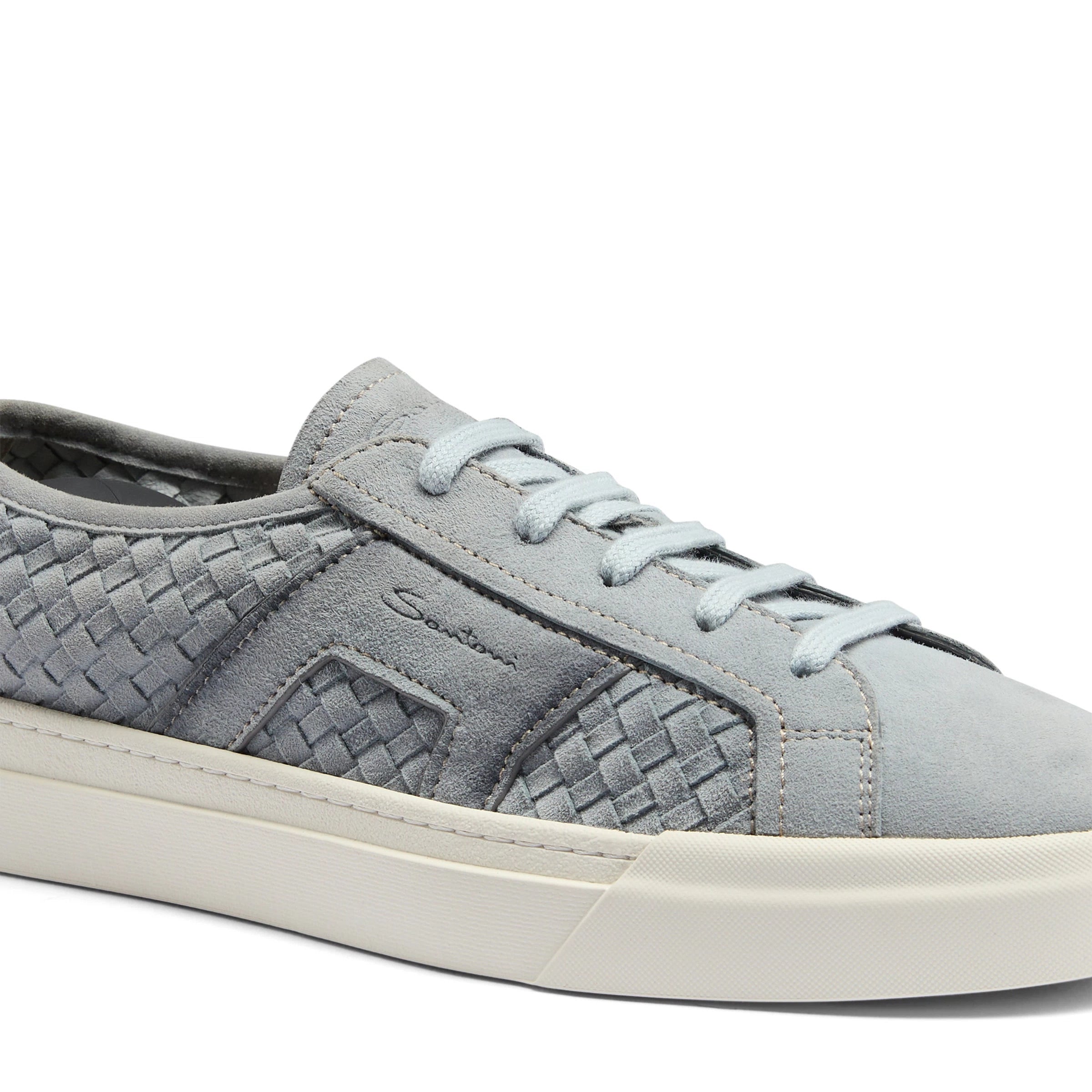 Gray suede woven double buckle sneaker