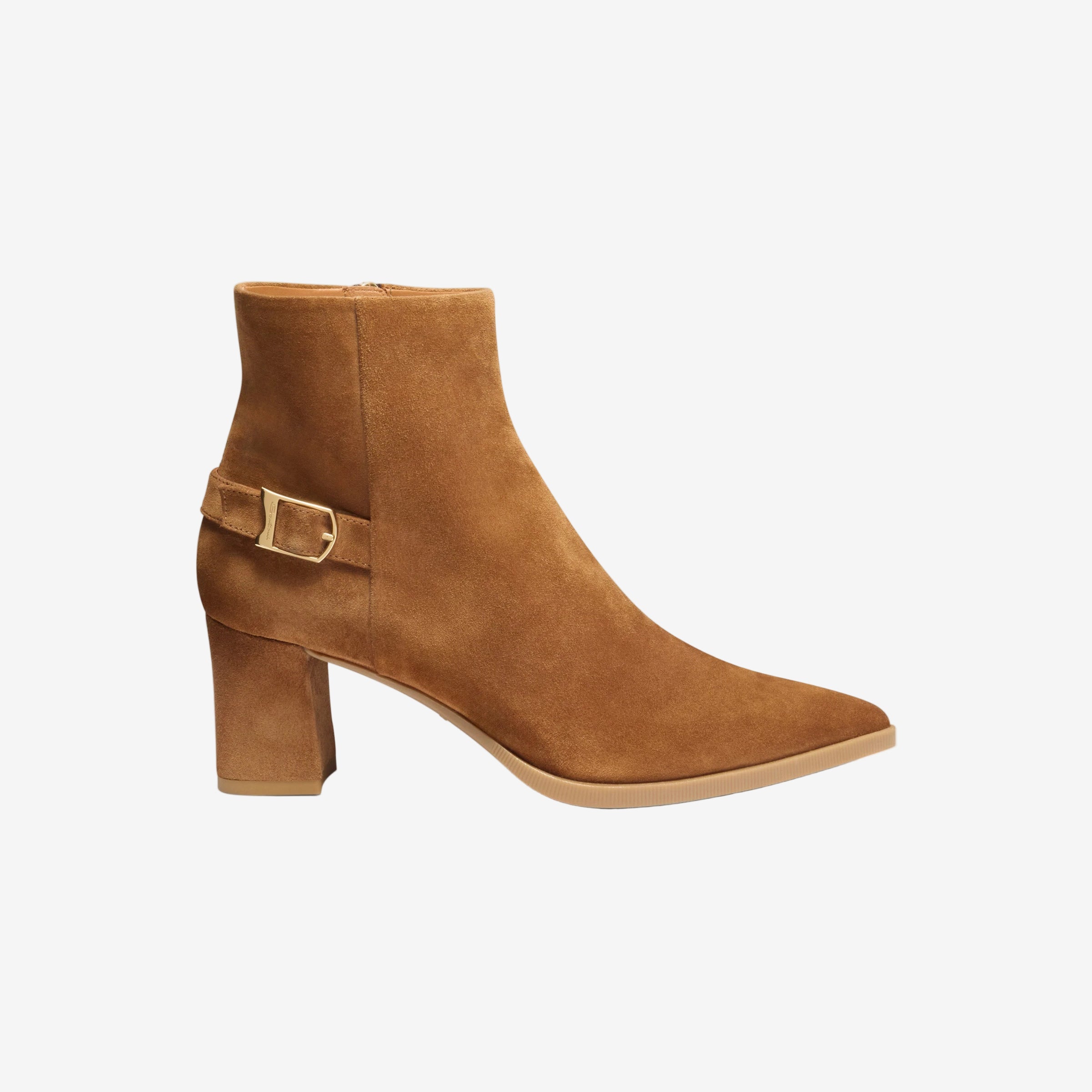 light brown suede mid-heel ankle boot