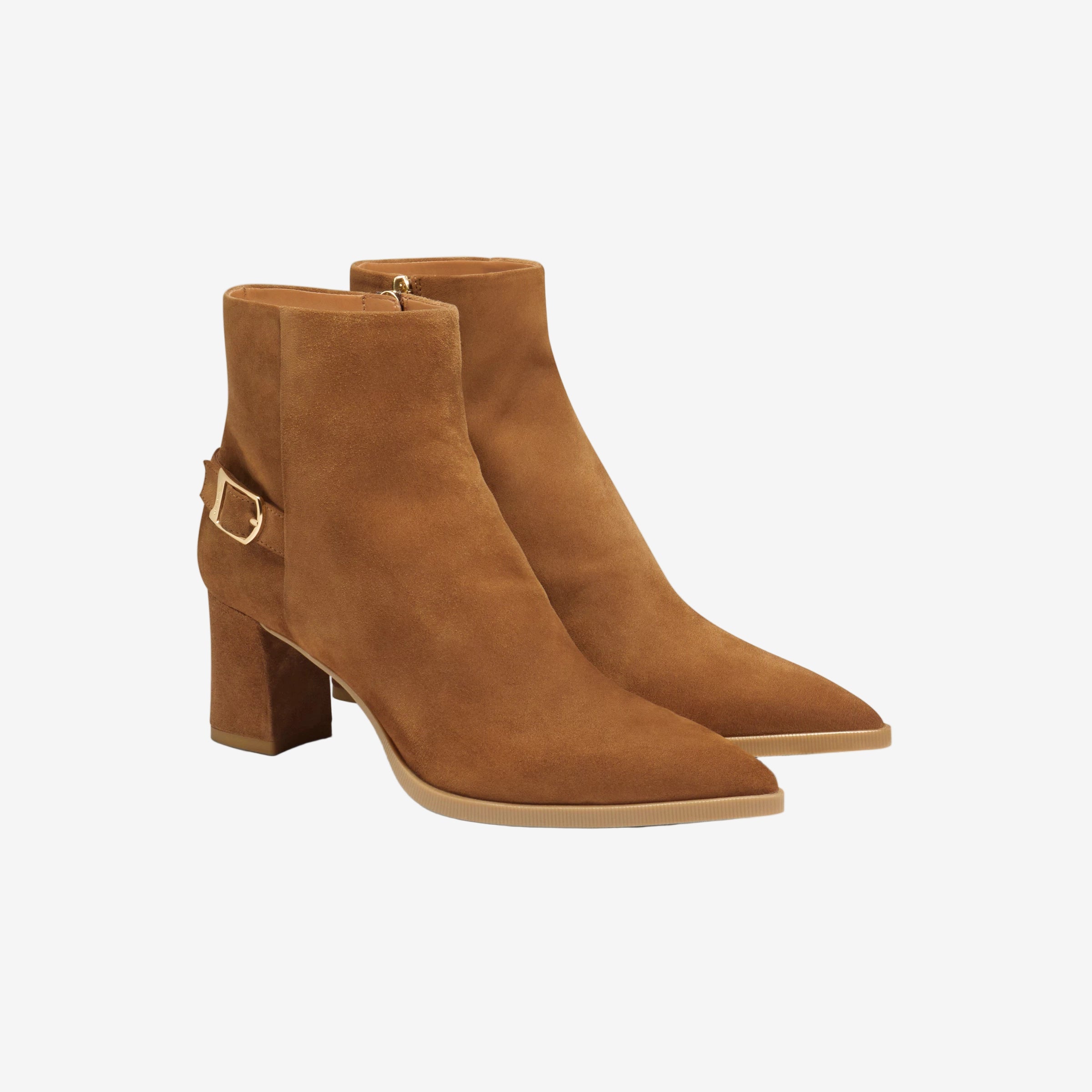 light brown suede mid-heel ankle boot