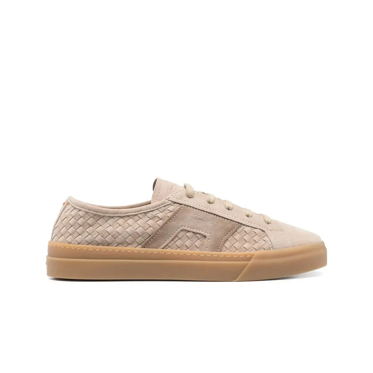 Beige suede woven double buckle sneaker