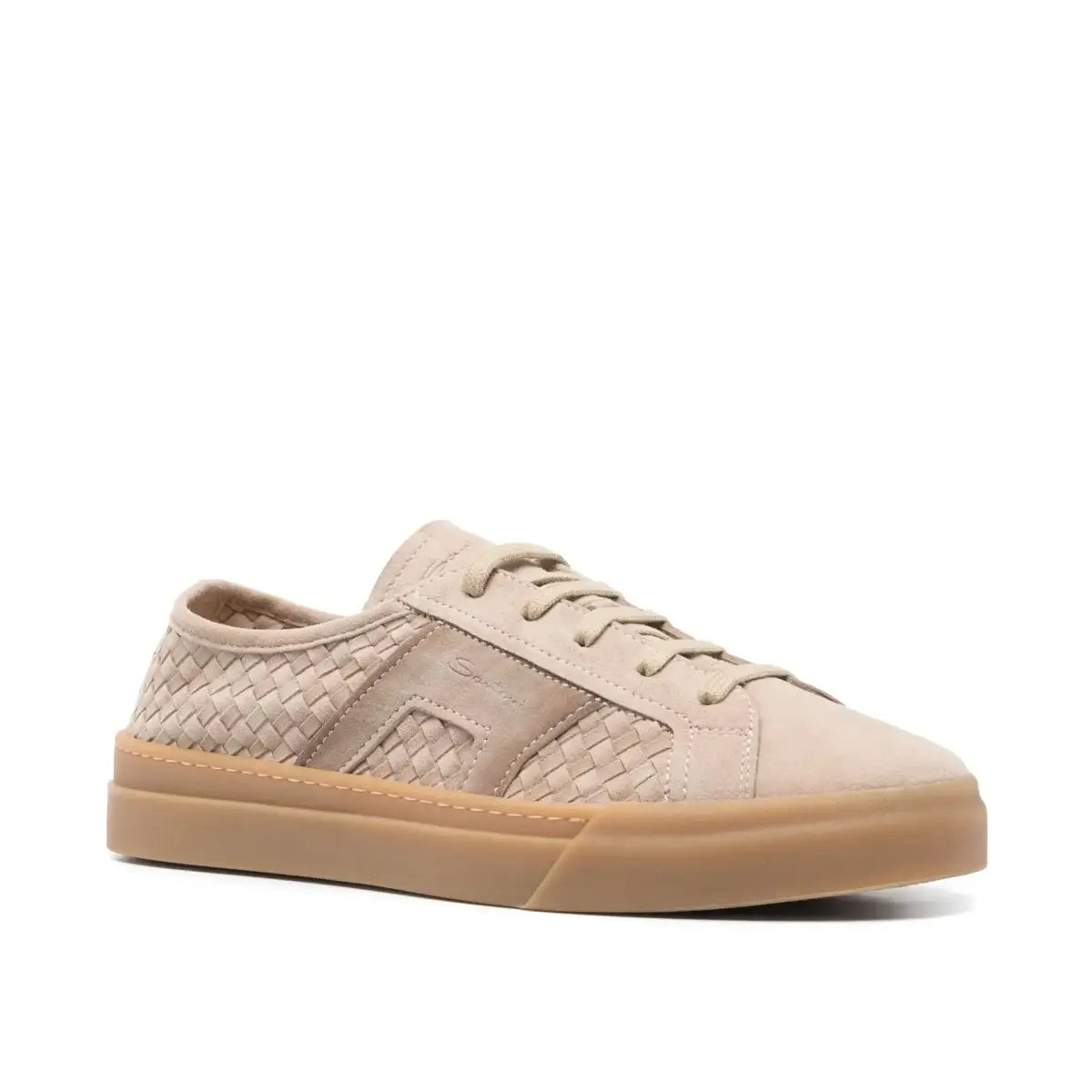 Beige suede woven double buckle sneaker