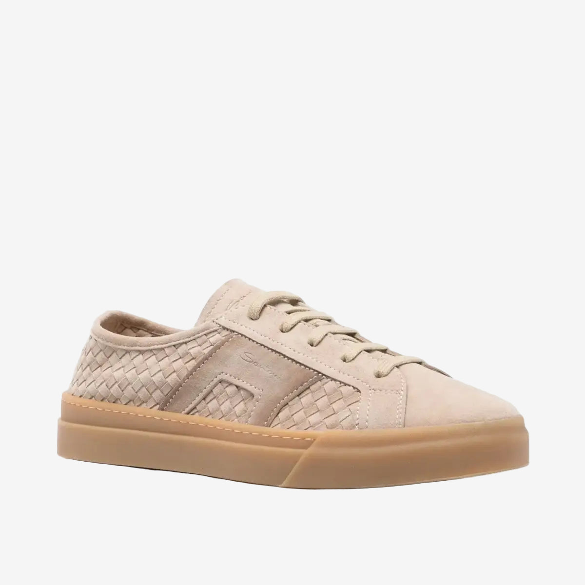 Beige suede woven double buckle sneaker