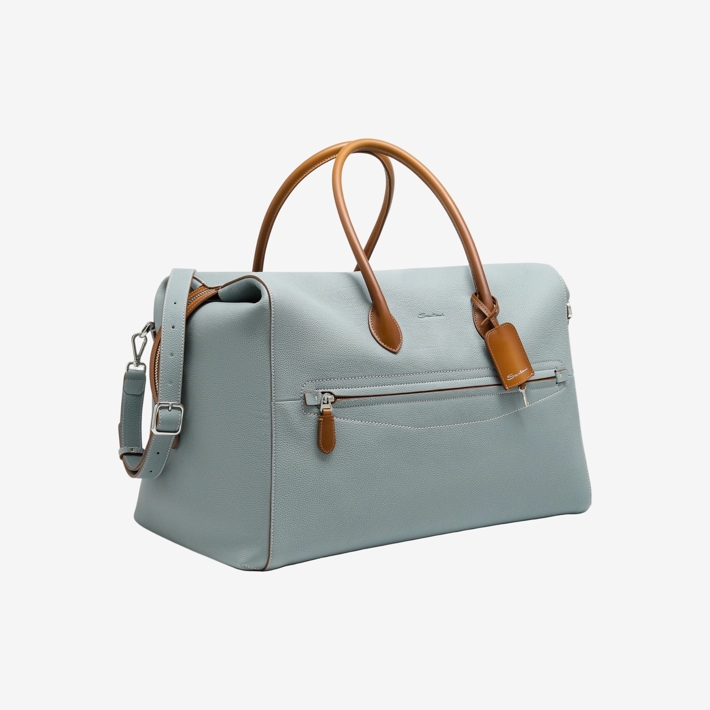 Hellblaue Reisetasche getrommeltem Leder