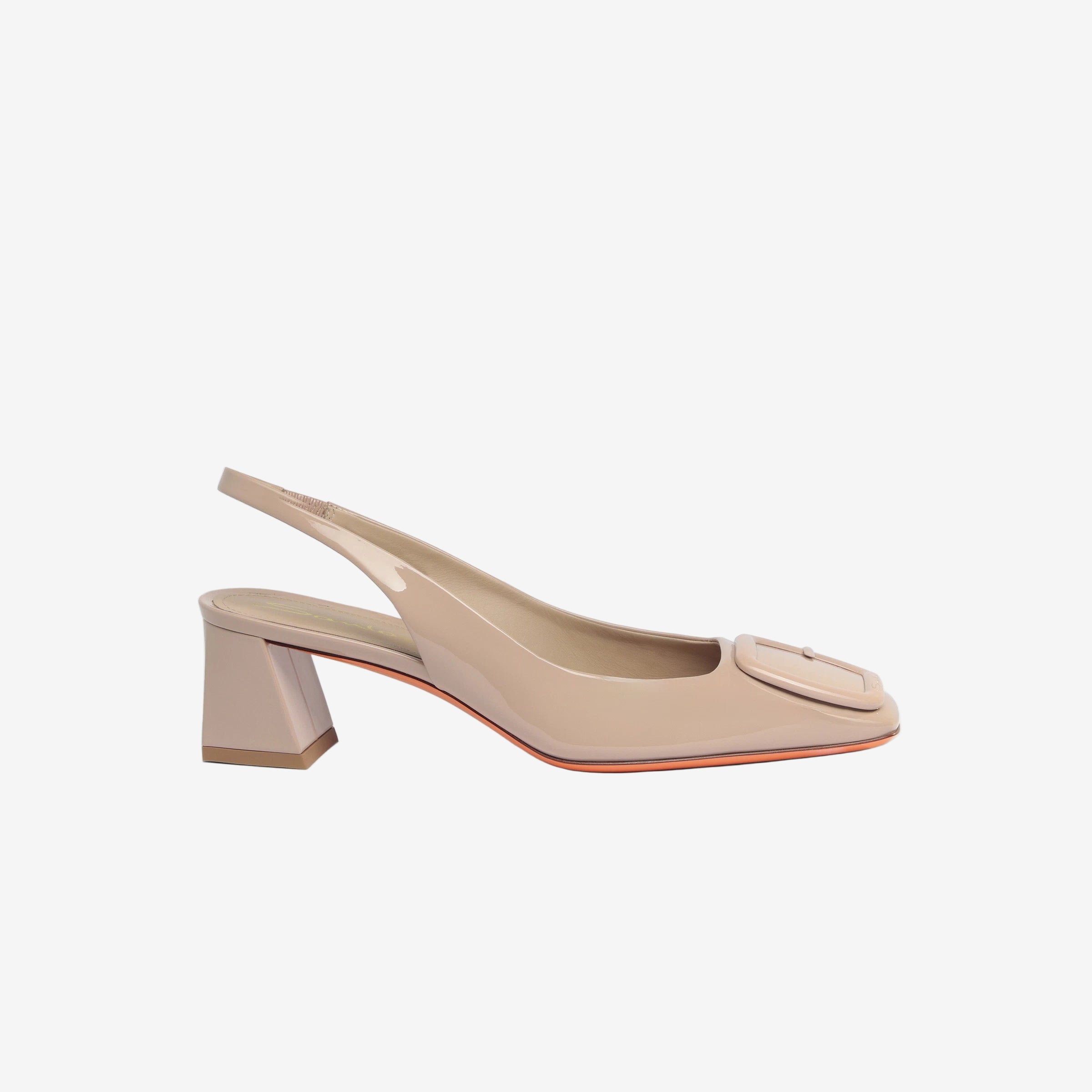 pink patent leather mid-heel slingback