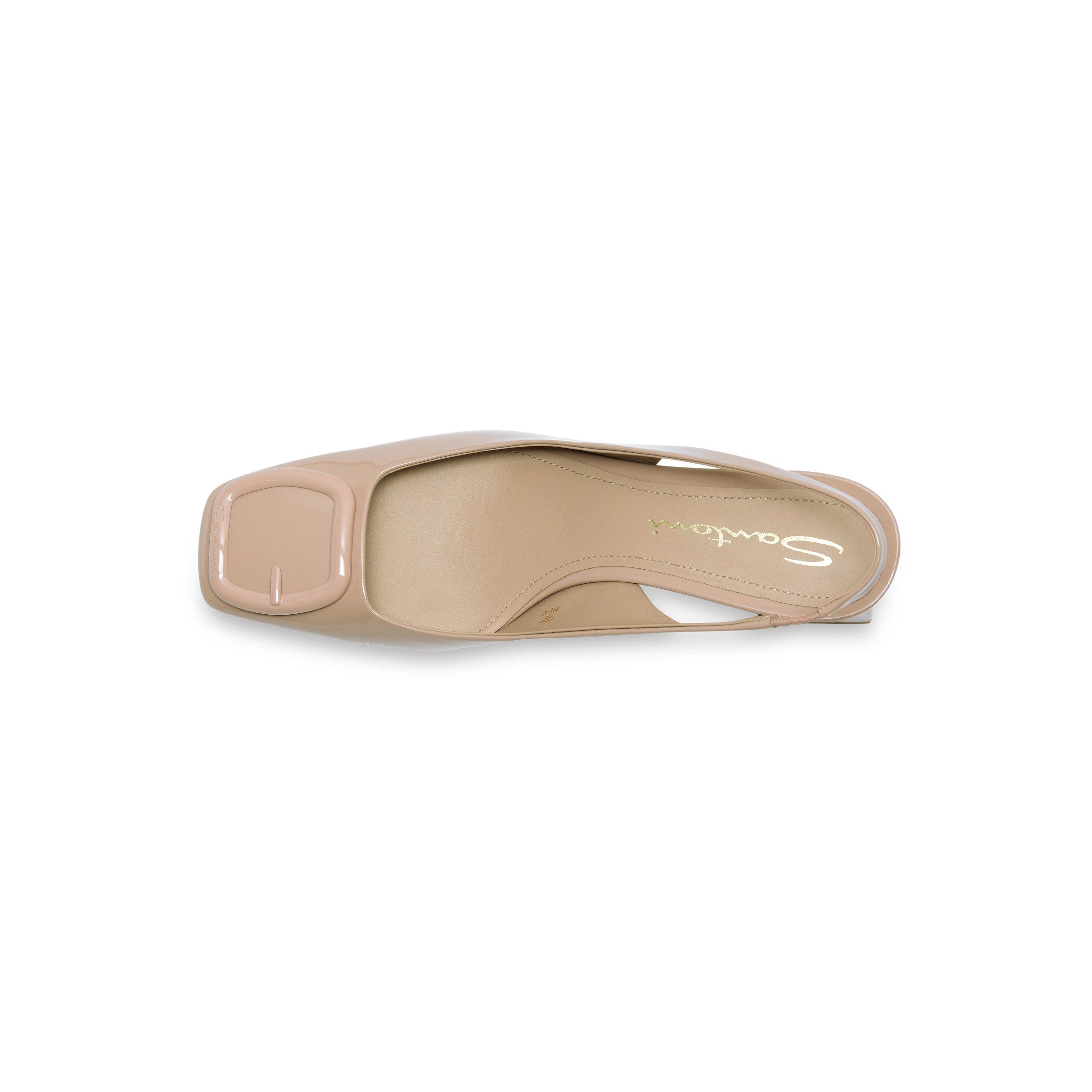 pink patent leather mid-heel slingback