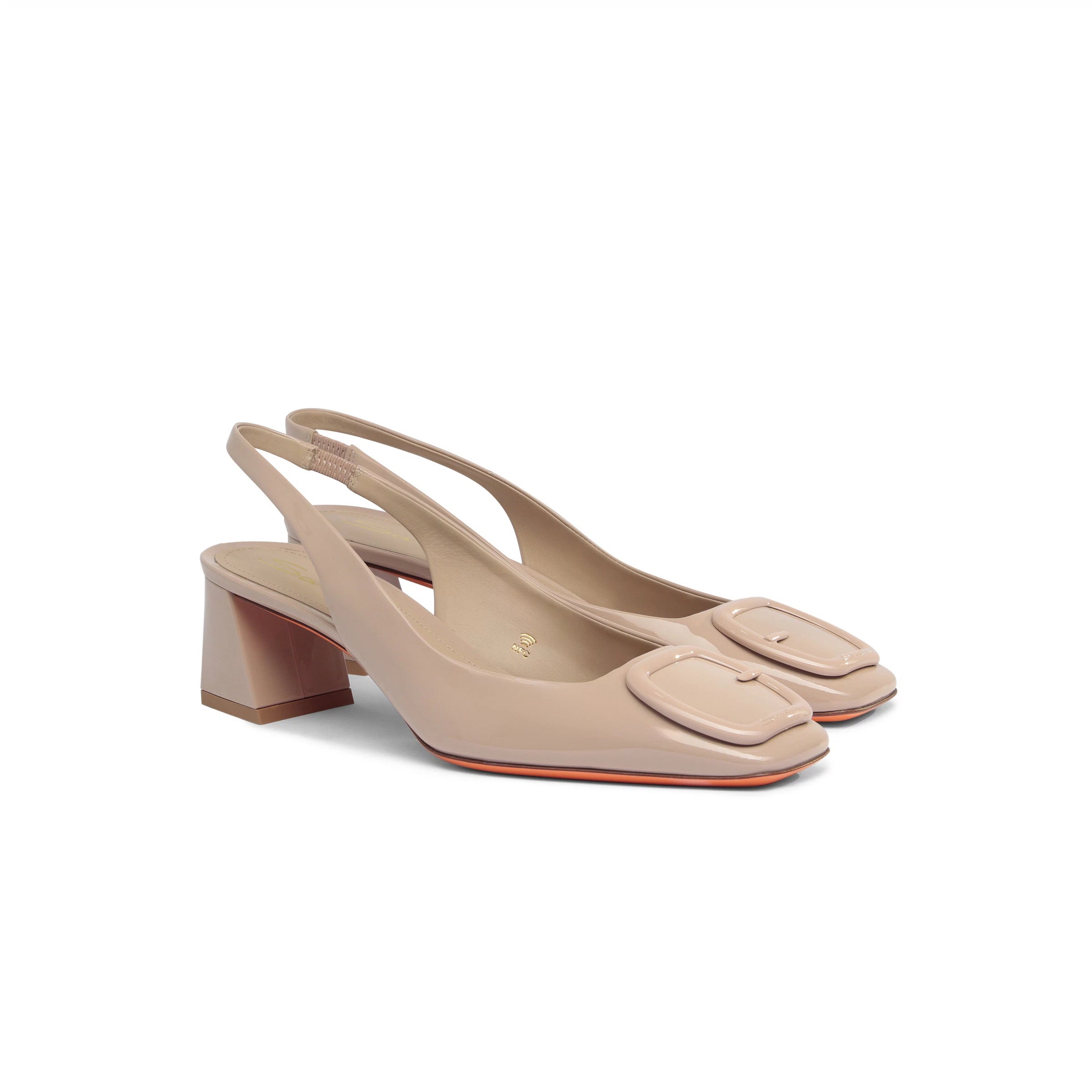 Pink patent leather mid-heel slingback