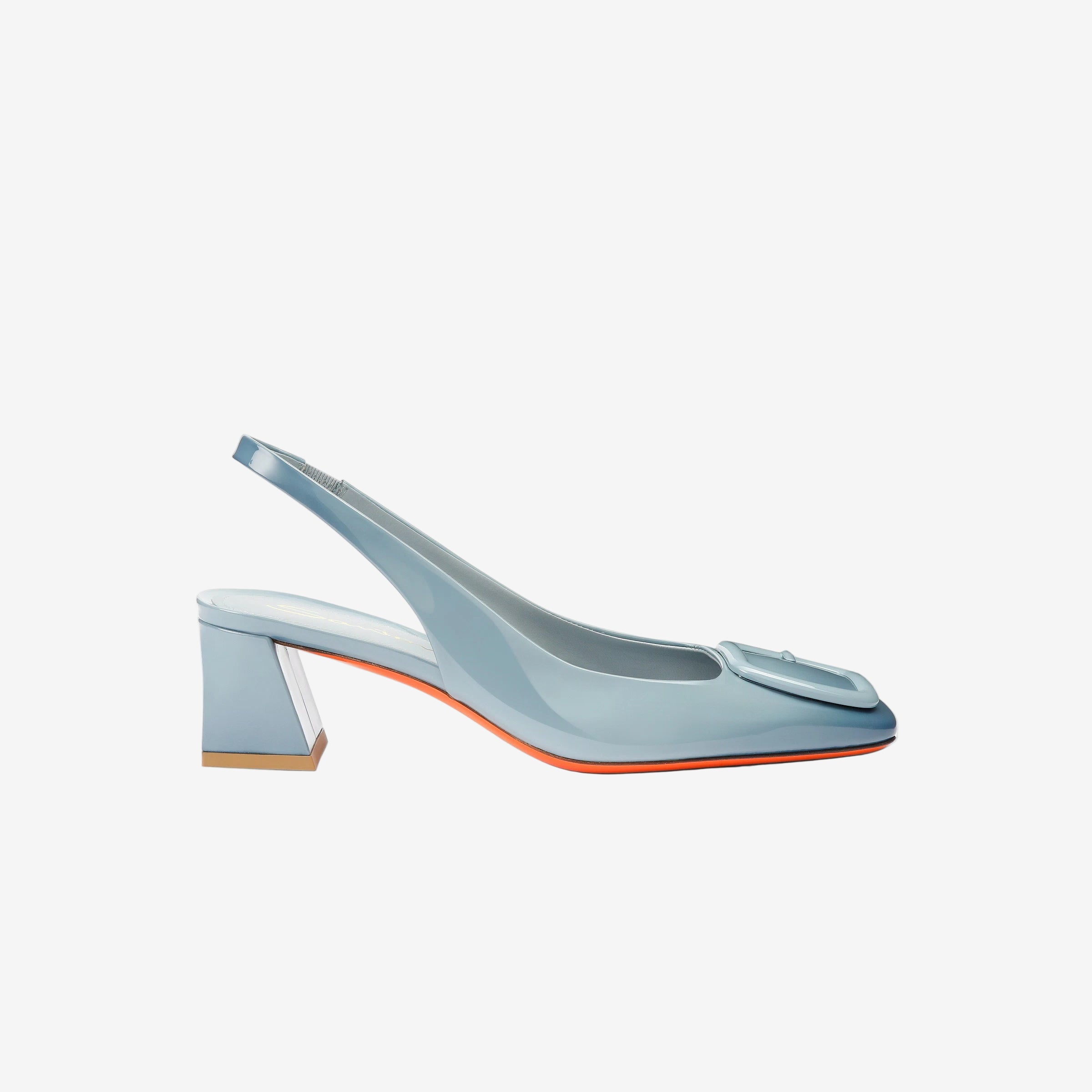 Light blue patent leather mid-heel slingback