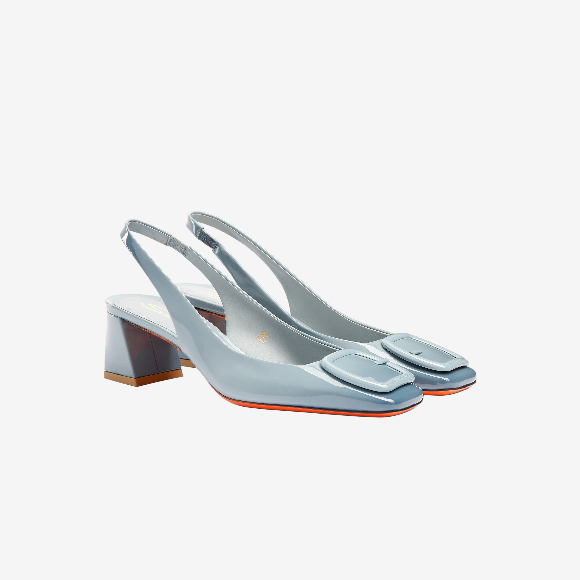 Light blue patent leather mid-heel slingback