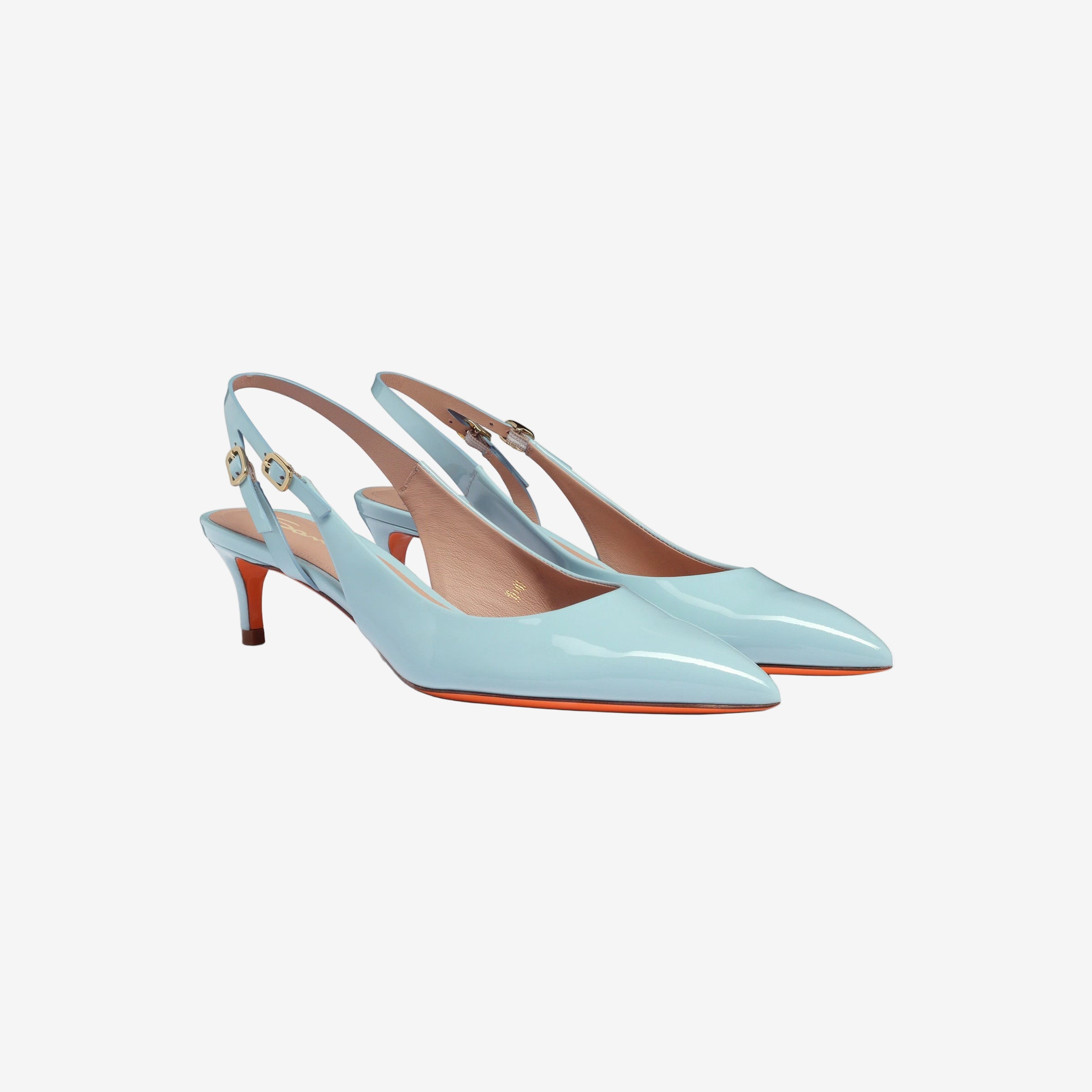 light blue patent leather mid-heel slingback