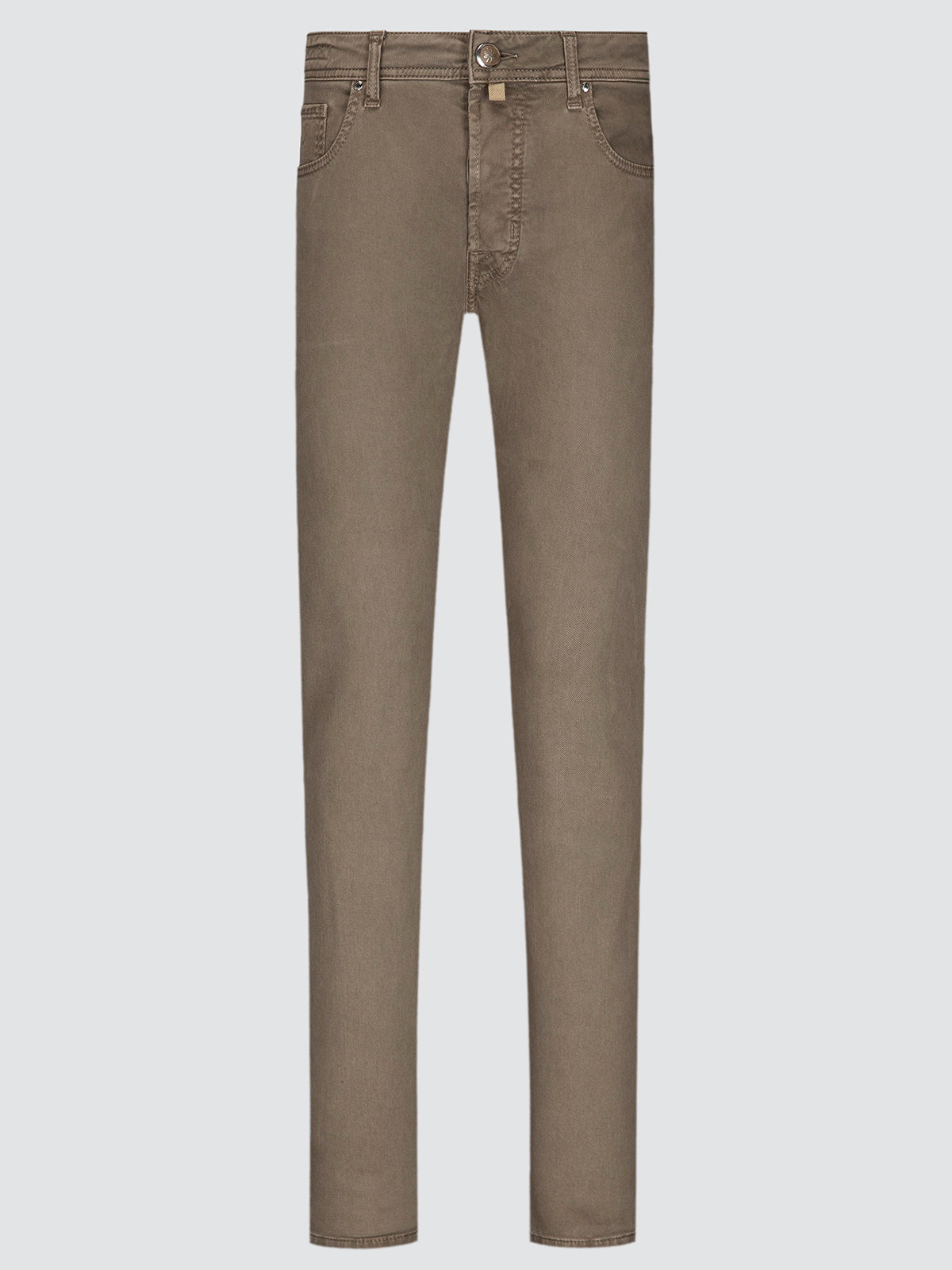 A pair of slim-fit jeans in a muted taupe-brown color, shown flat against a light gray background.