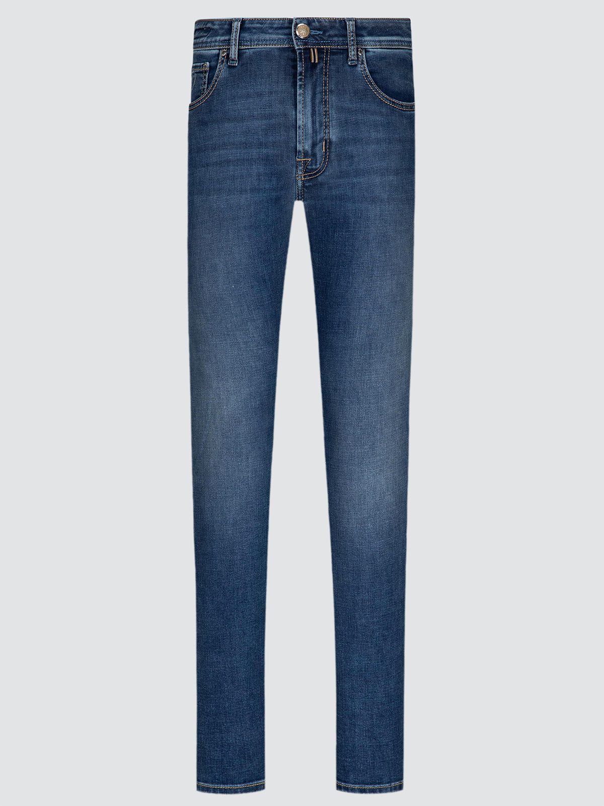A pair of slim-fit blue denim jeans shown flat against a light gray background.