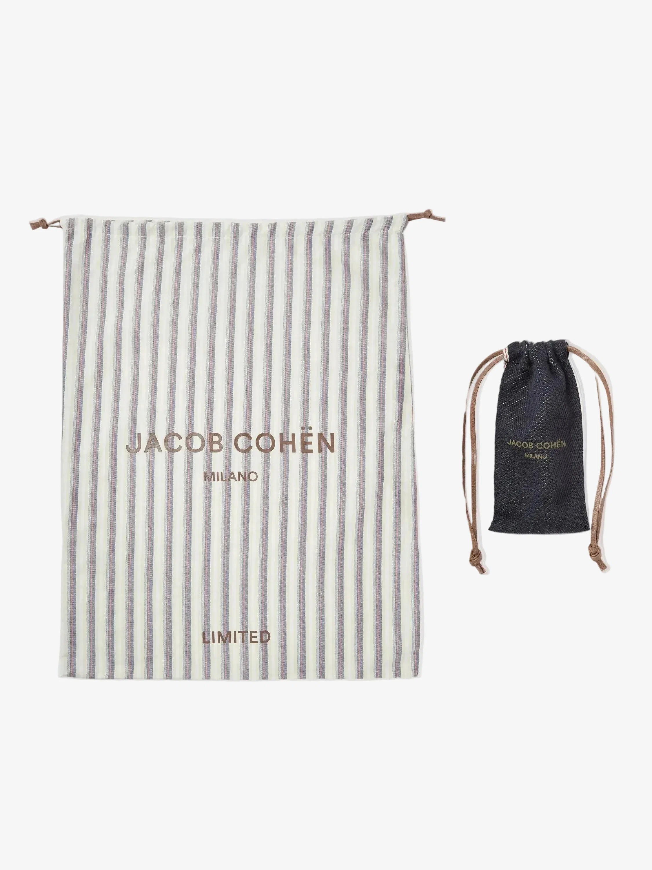Striped drawstring bag and black drawstring pouch with 'Jacob Cohen' branding on a white background.
