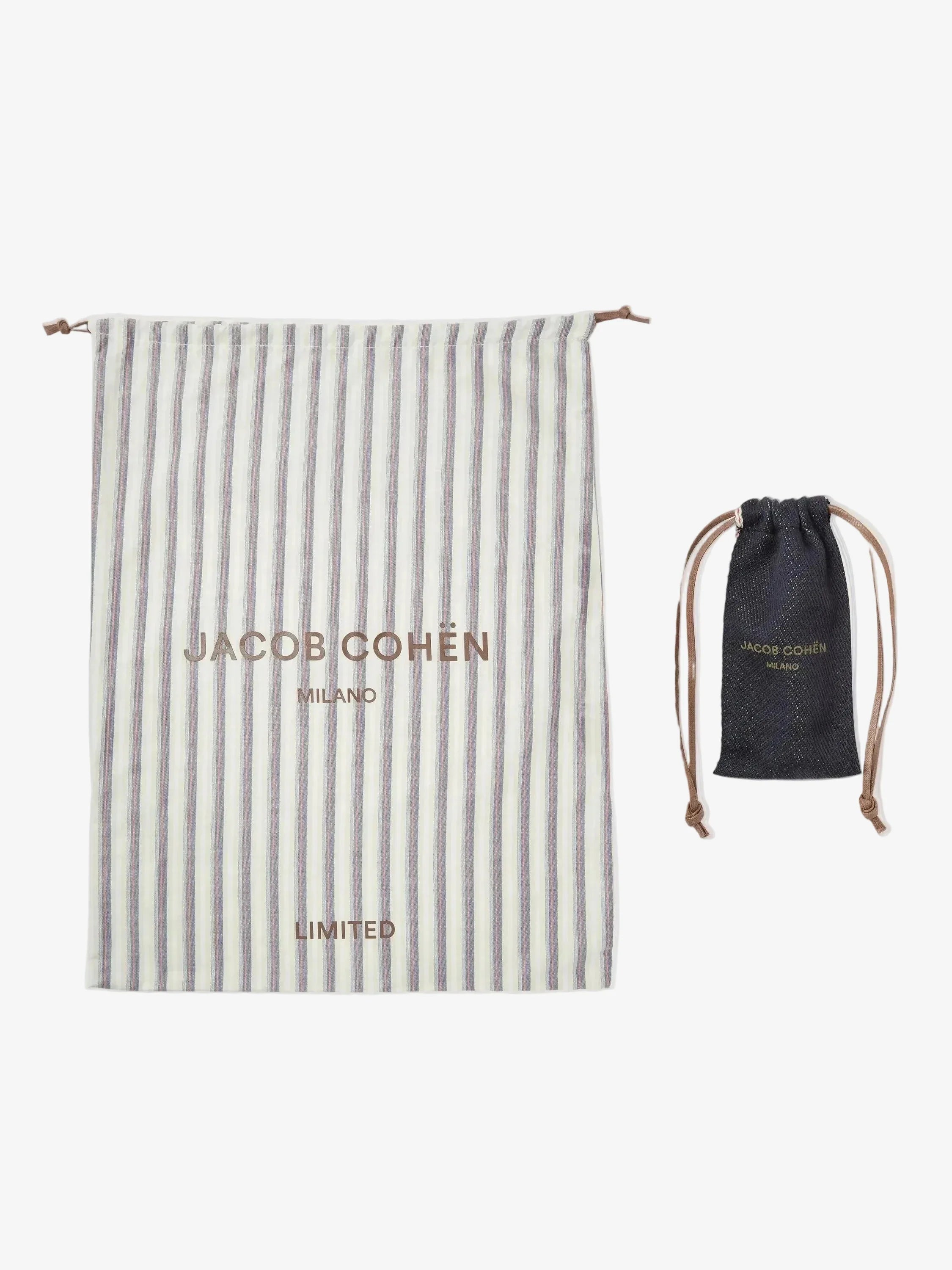 Striped drawstring bag and black drawstring pouch with 'Jacob Cohen' branding on a white background.