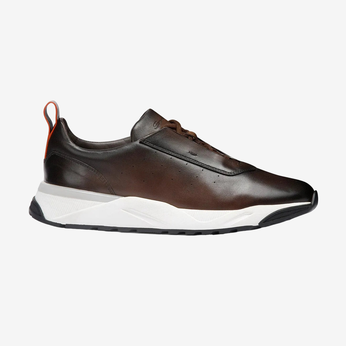 Brown sneaker with a white sole on a white background