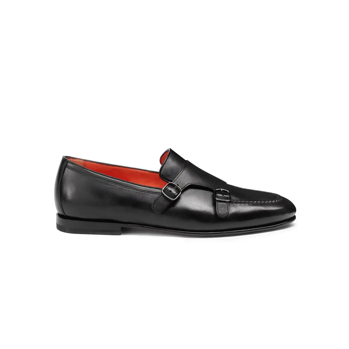 Santoni Polished Black Leather Double Buckle Loafer