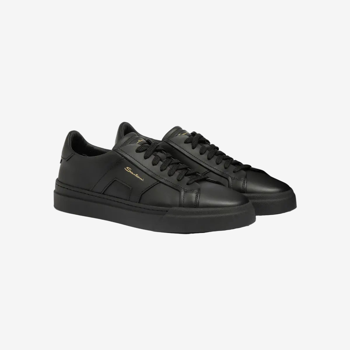 santoni-black-leather-double-buckle-sneakers