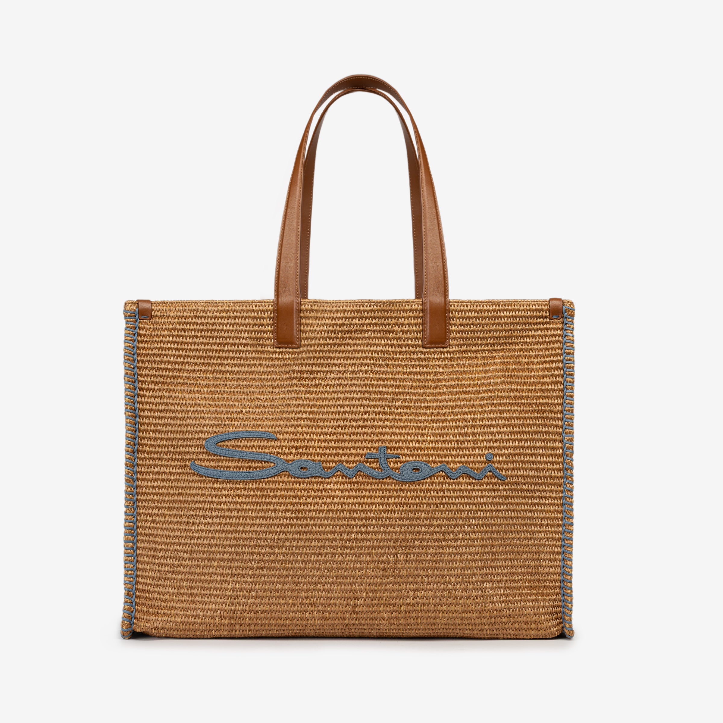 Beige raffia & leather beach bag