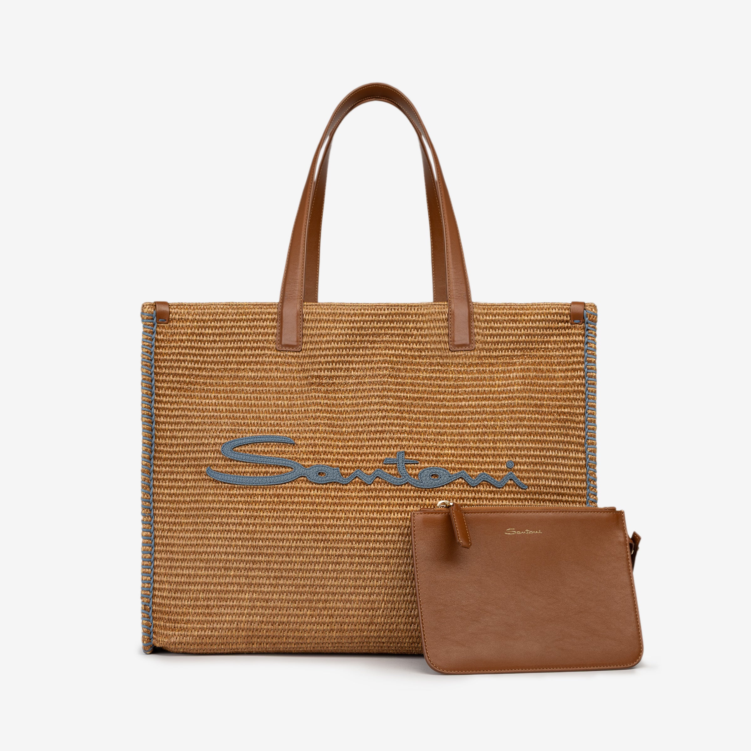 Beige raffia & leather beach bag