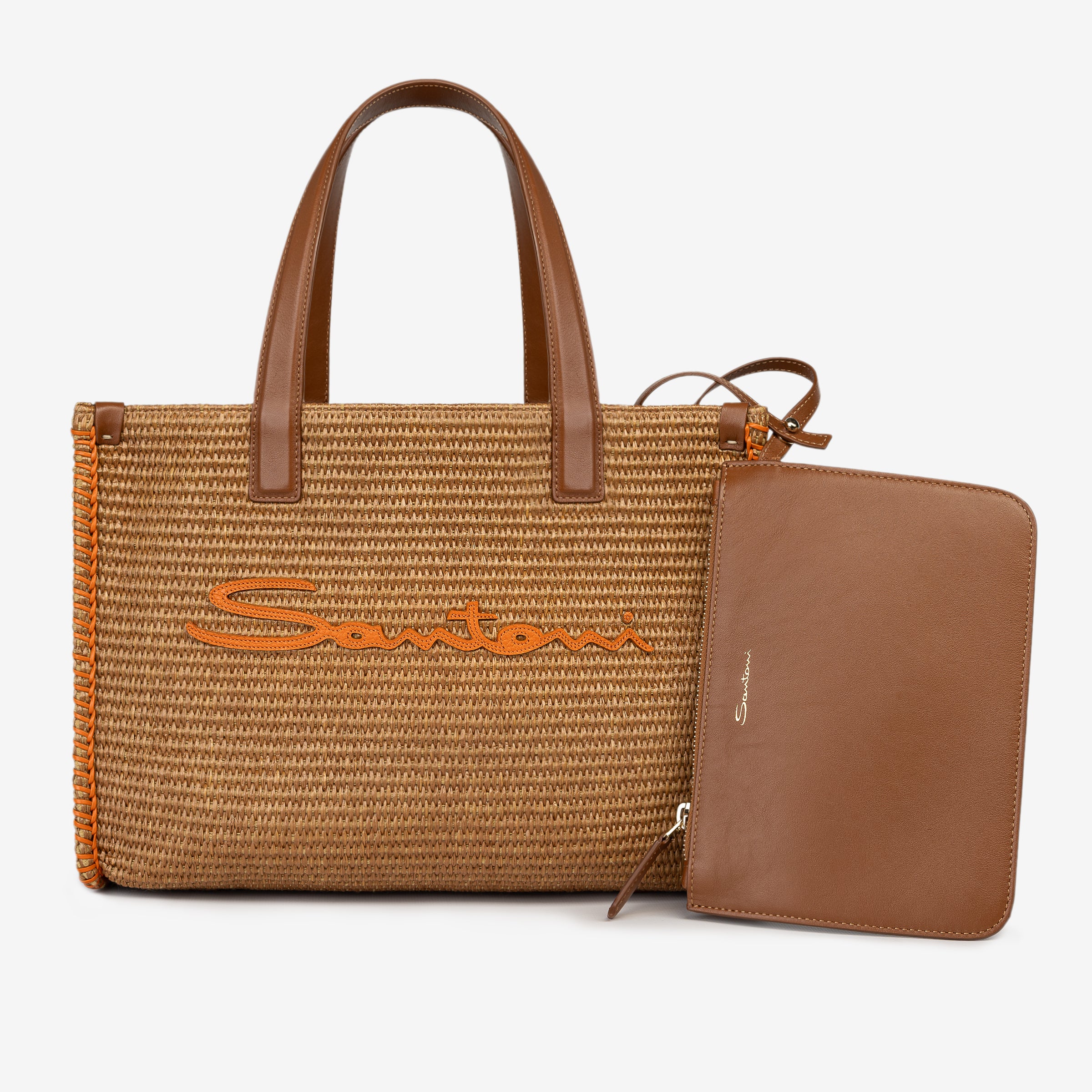 Beige raffia & leather small beach bag