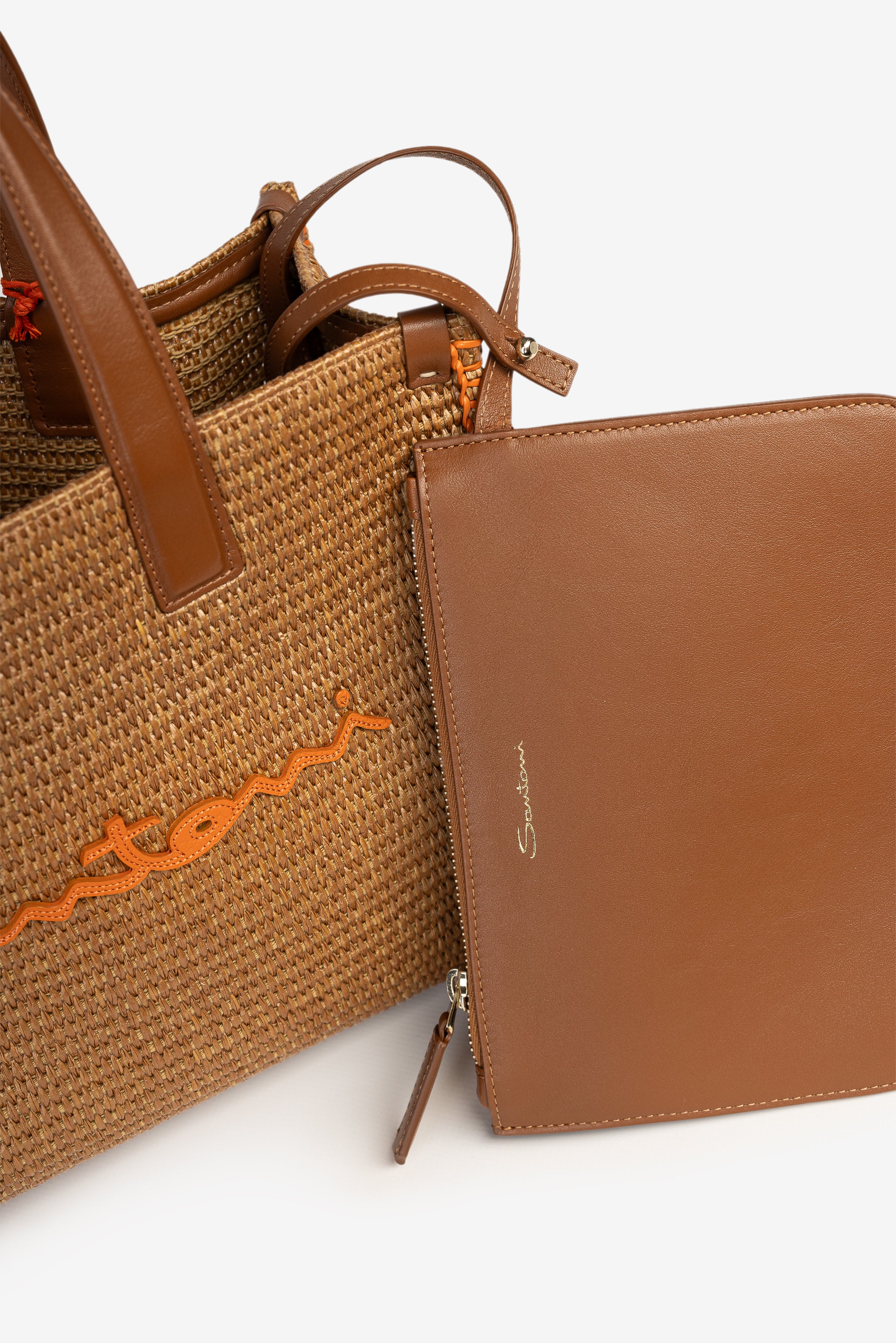 Beige raffia & leather small beach bag