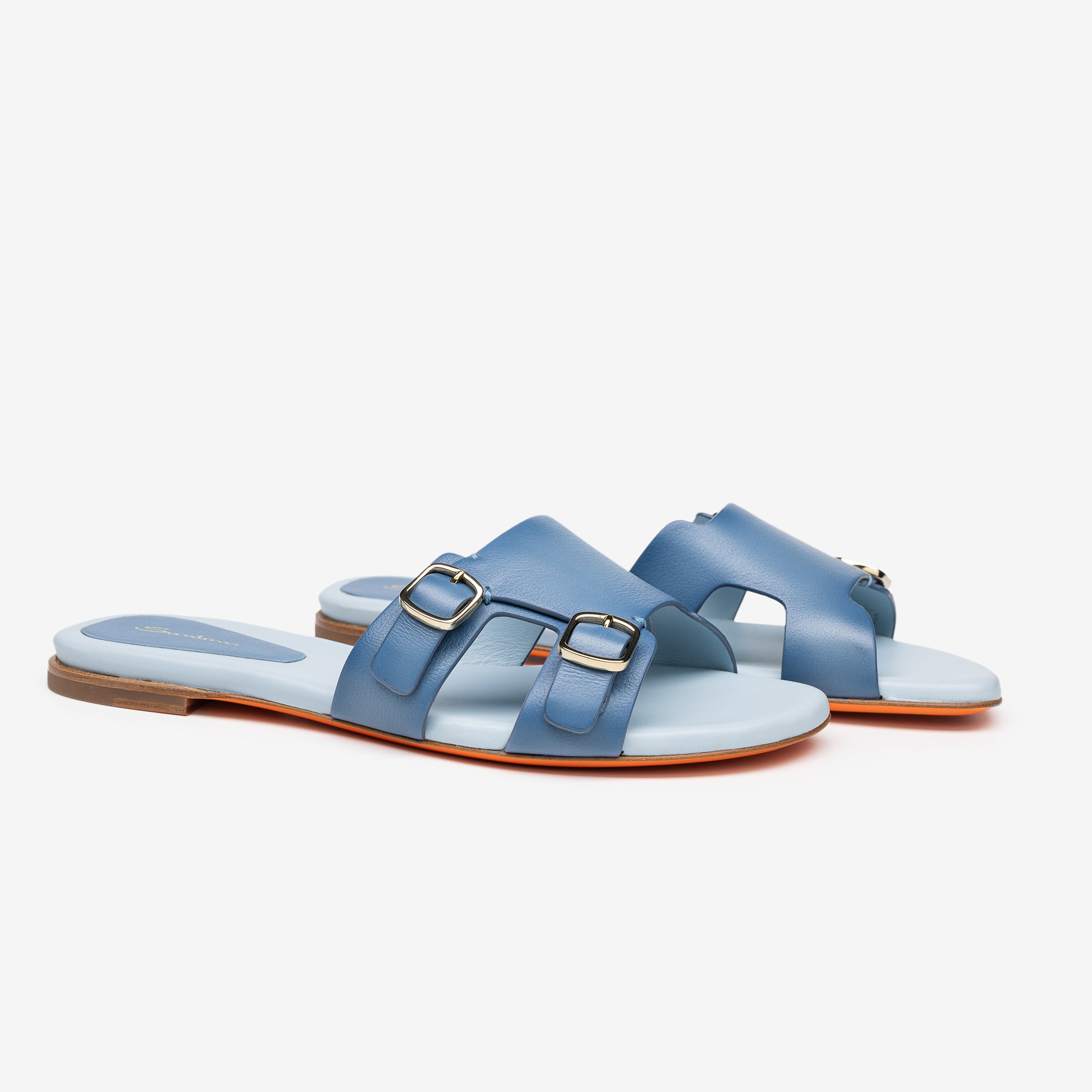 Light Blue Double-Buckle Leather Slides