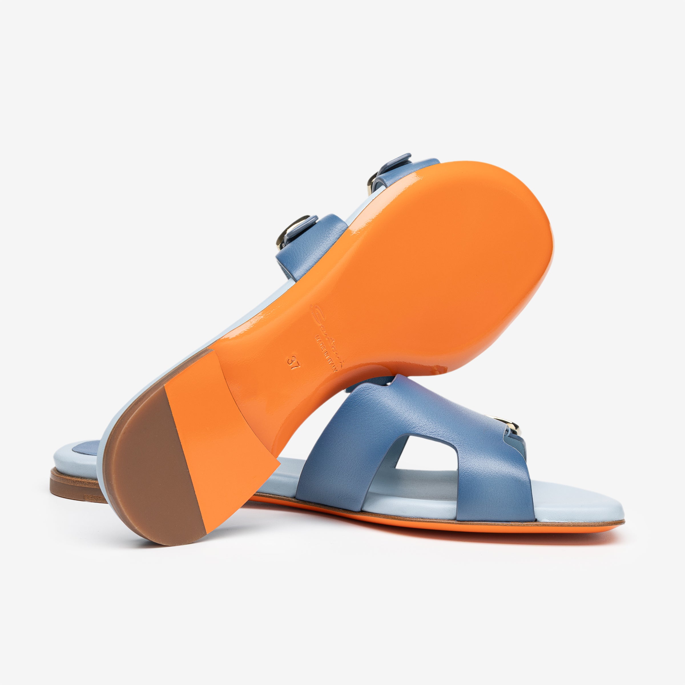 Light Blue Double-Buckle Leather Slides