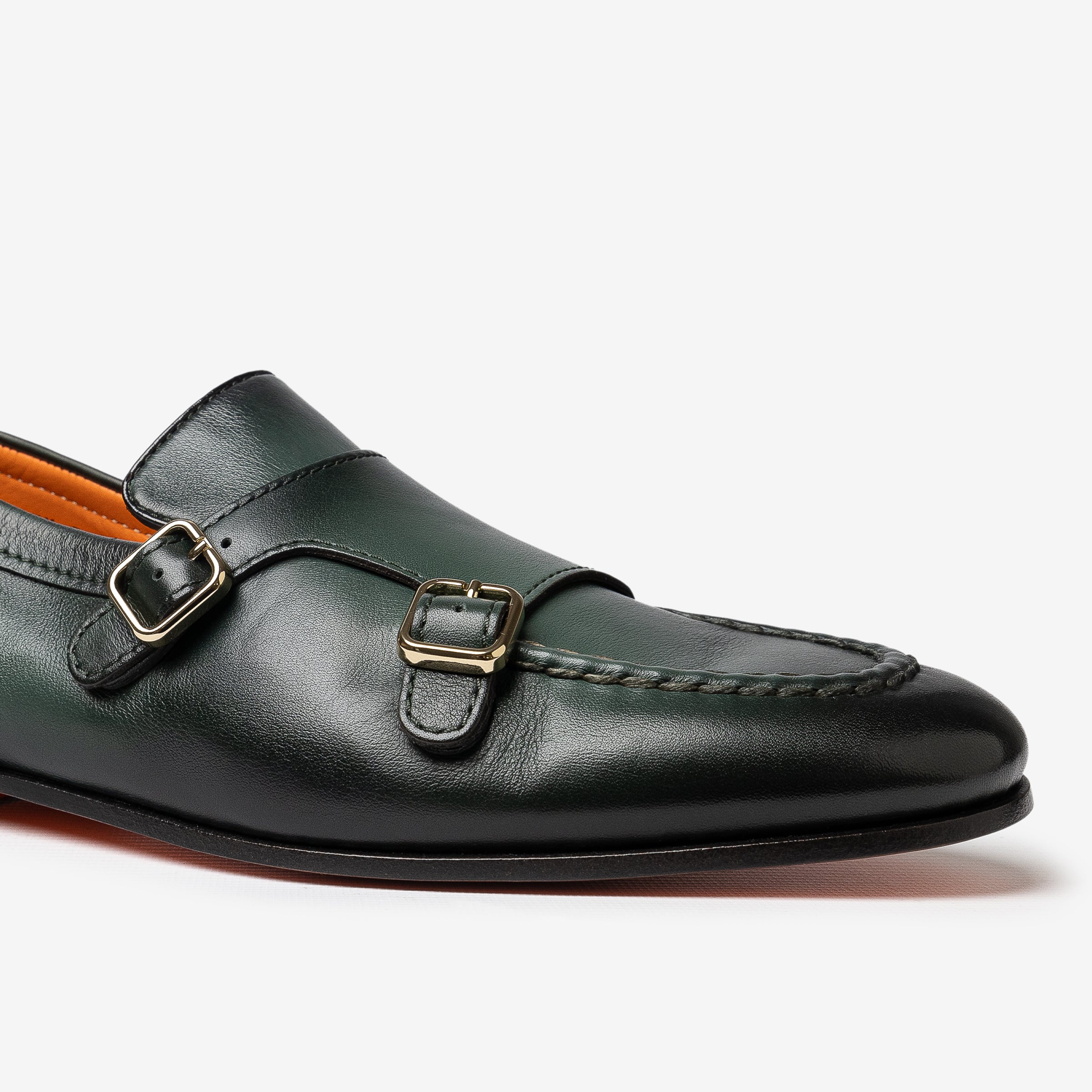 Double buckle green leather loafer