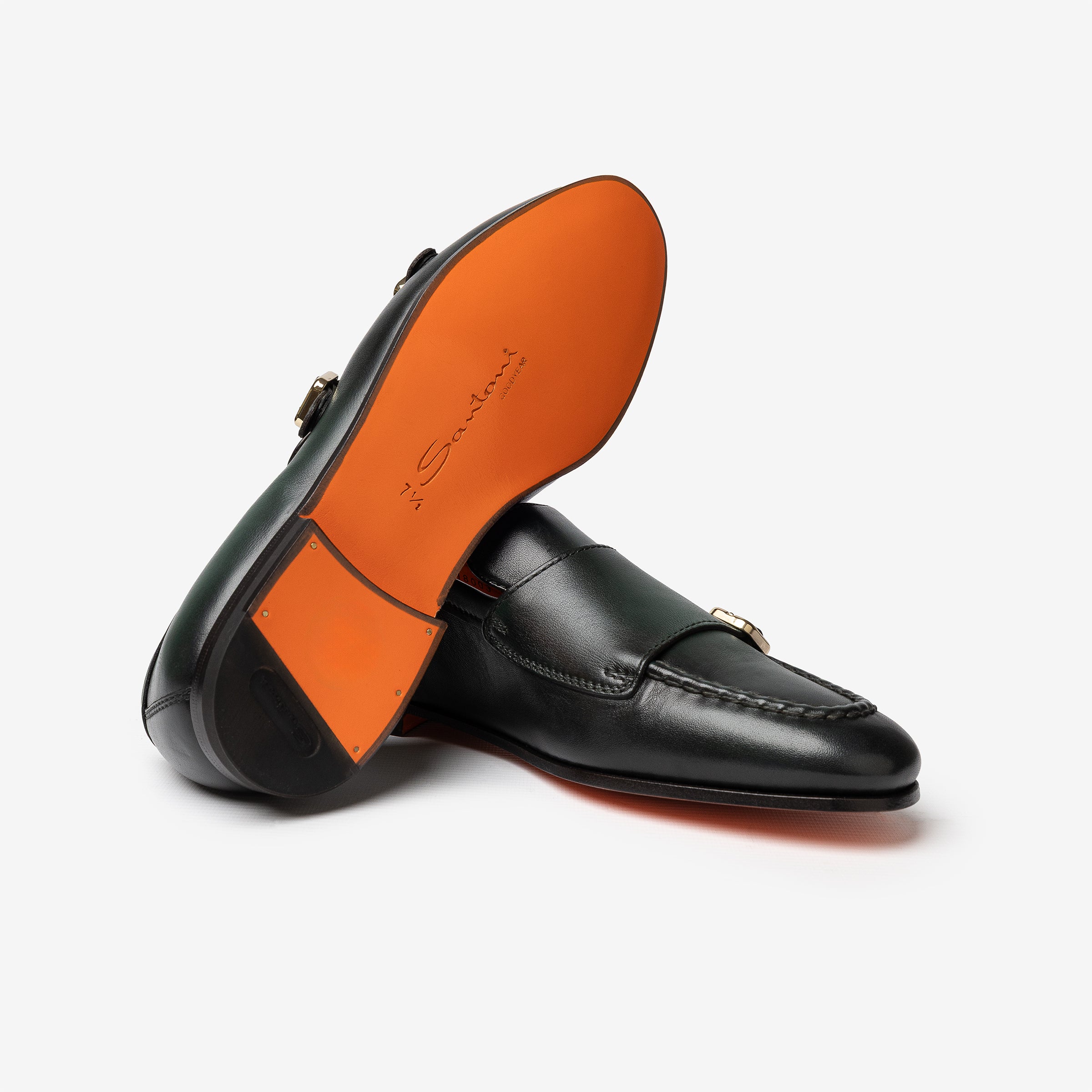 Double buckle green leather loafer