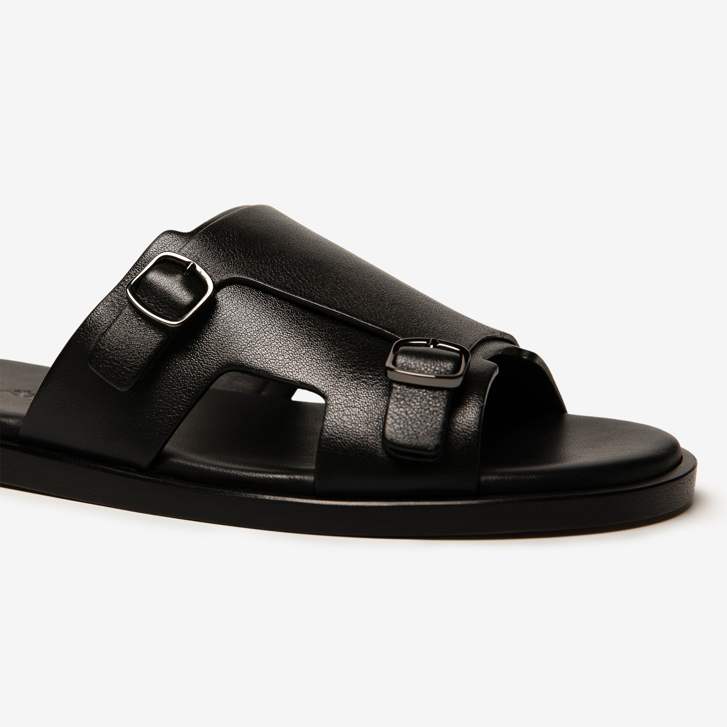 Black Leather Double Buckle Sandals