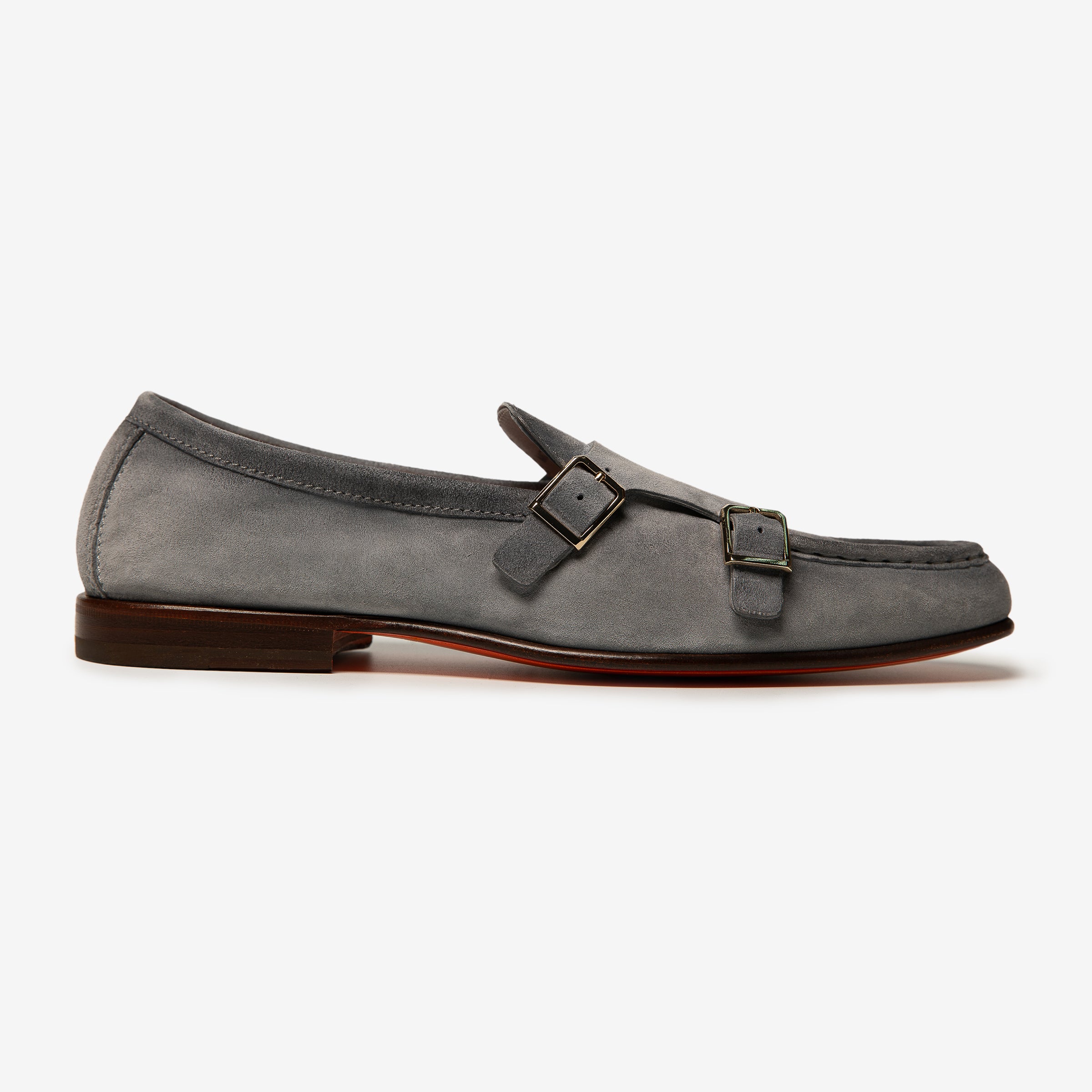 Light gray suede double buckle loafers