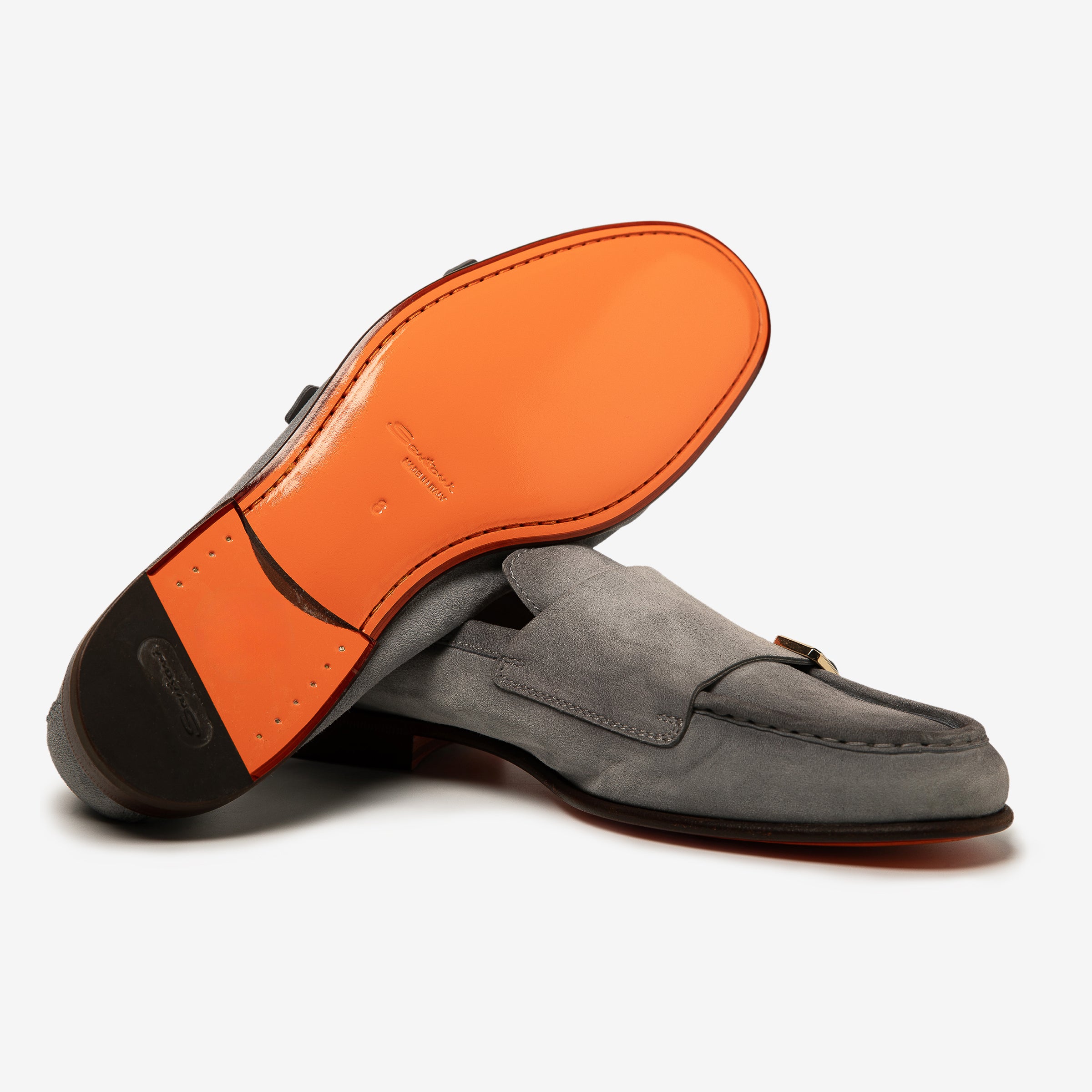 Light gray suede double buckle loafers