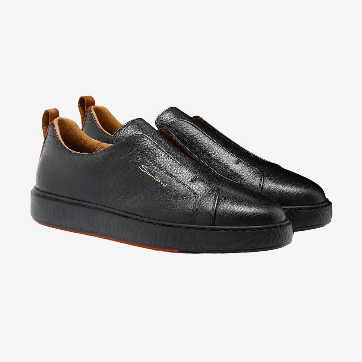 santoni-black-tumbled-leather-slipon-sneakers