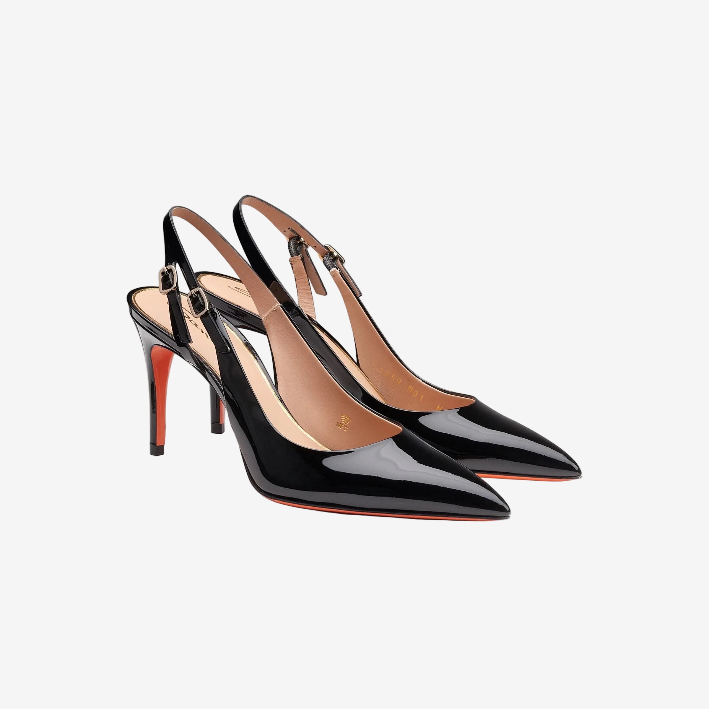 black patent leather high-heel slingback