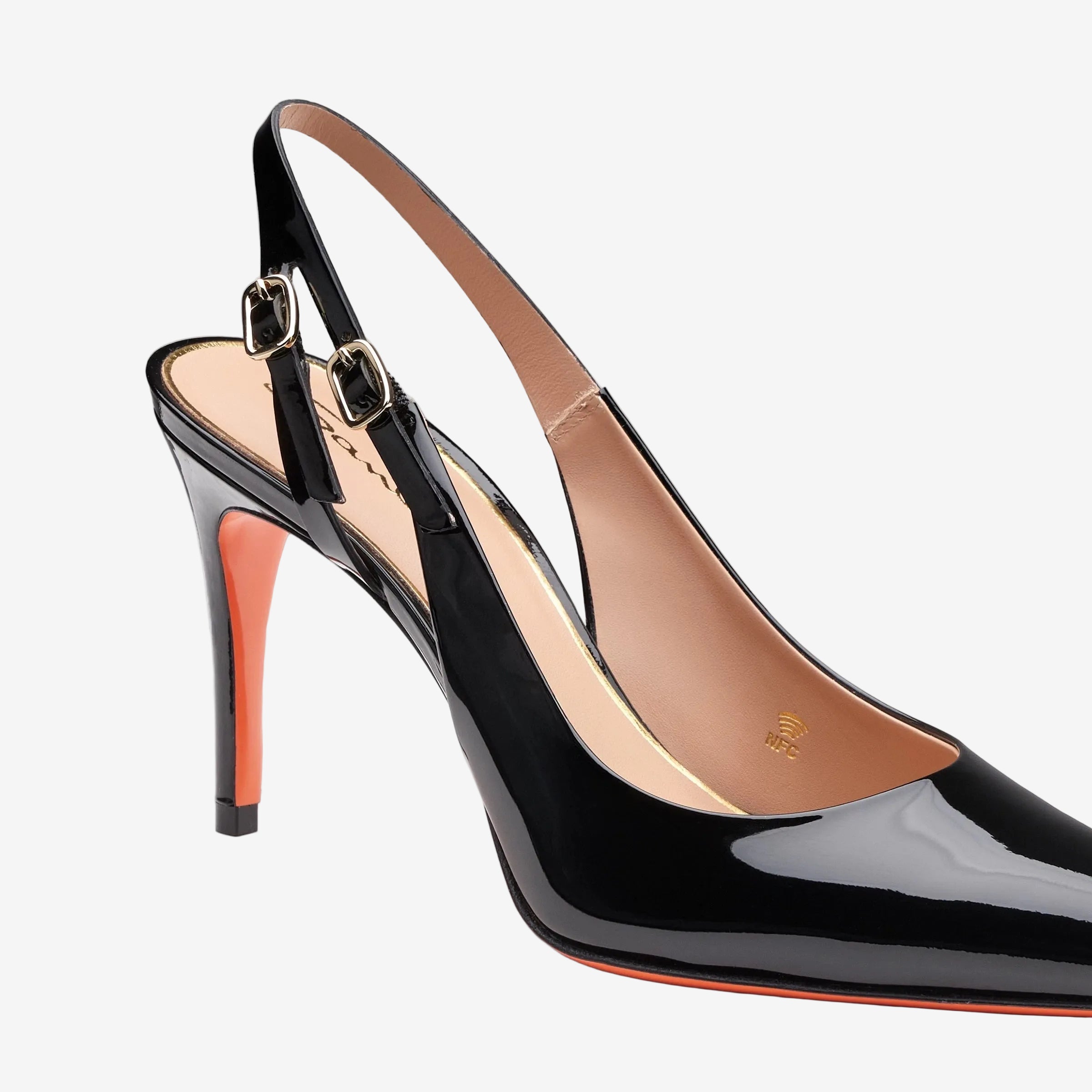 black patent leather high-heel slingback