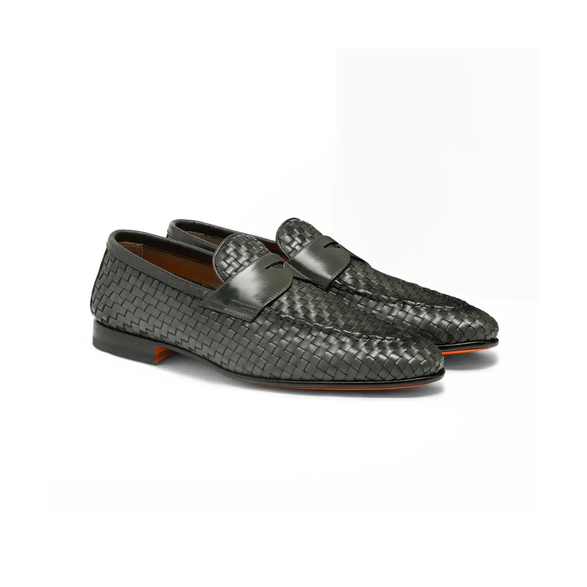 Green Woven Leather Loafers