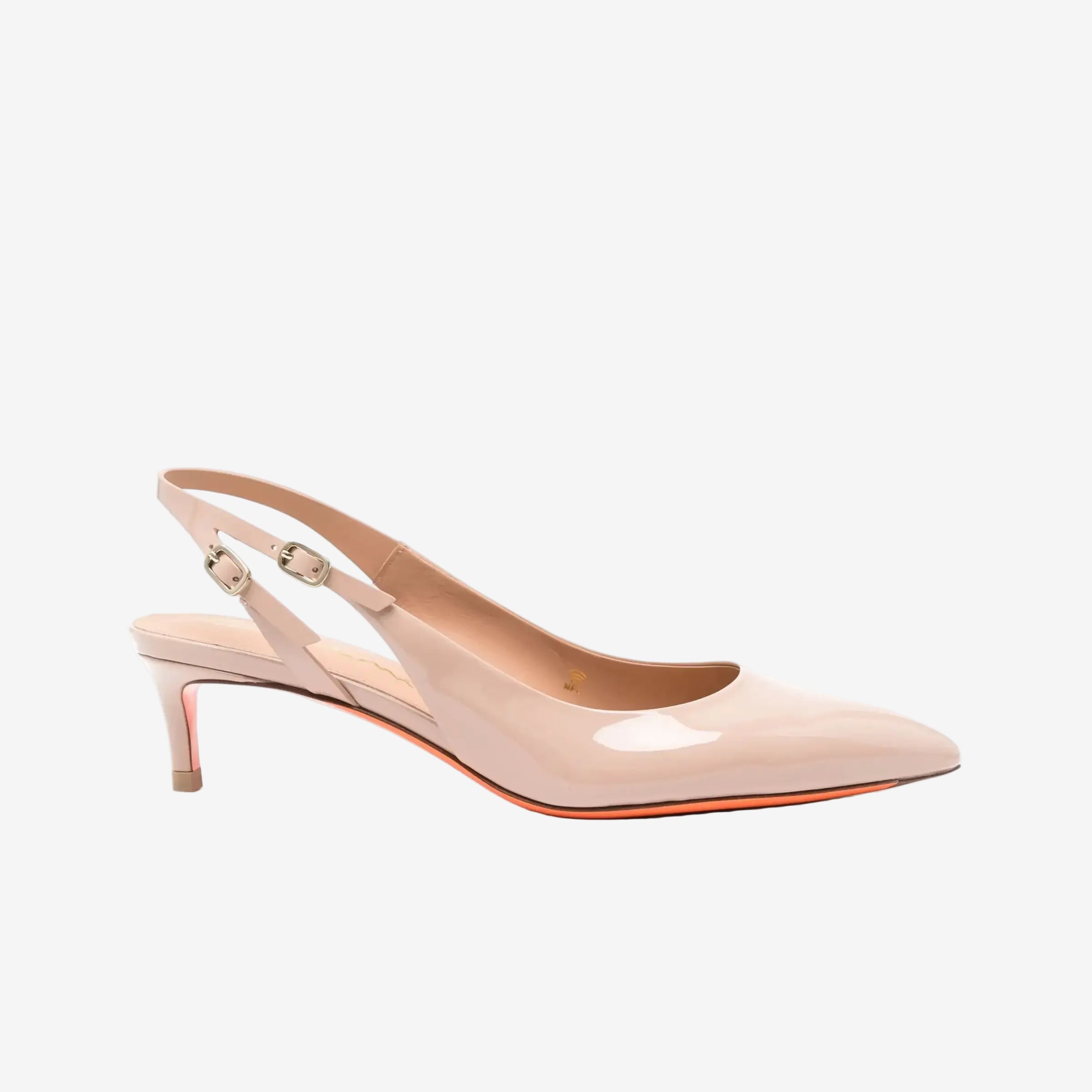 Pink patent leather mid-heel slingback