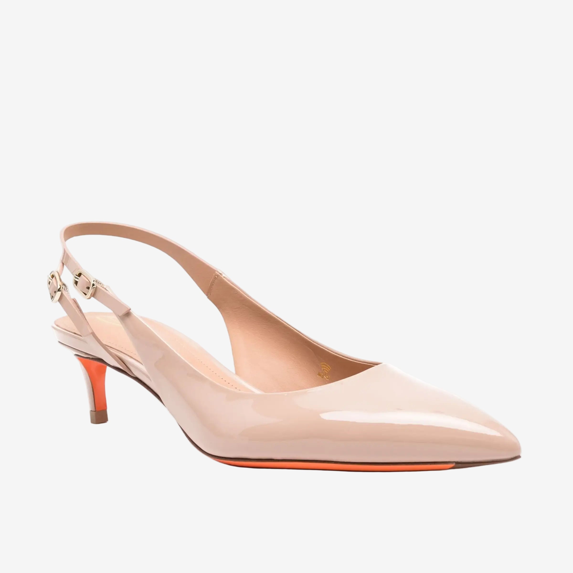 Pink patent leather mid-heel slingback