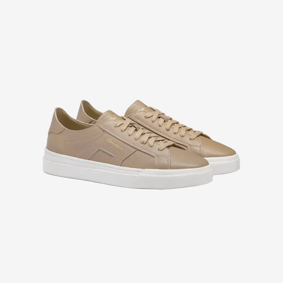 Beige Tumbled Leather Double Buckle Sneakers