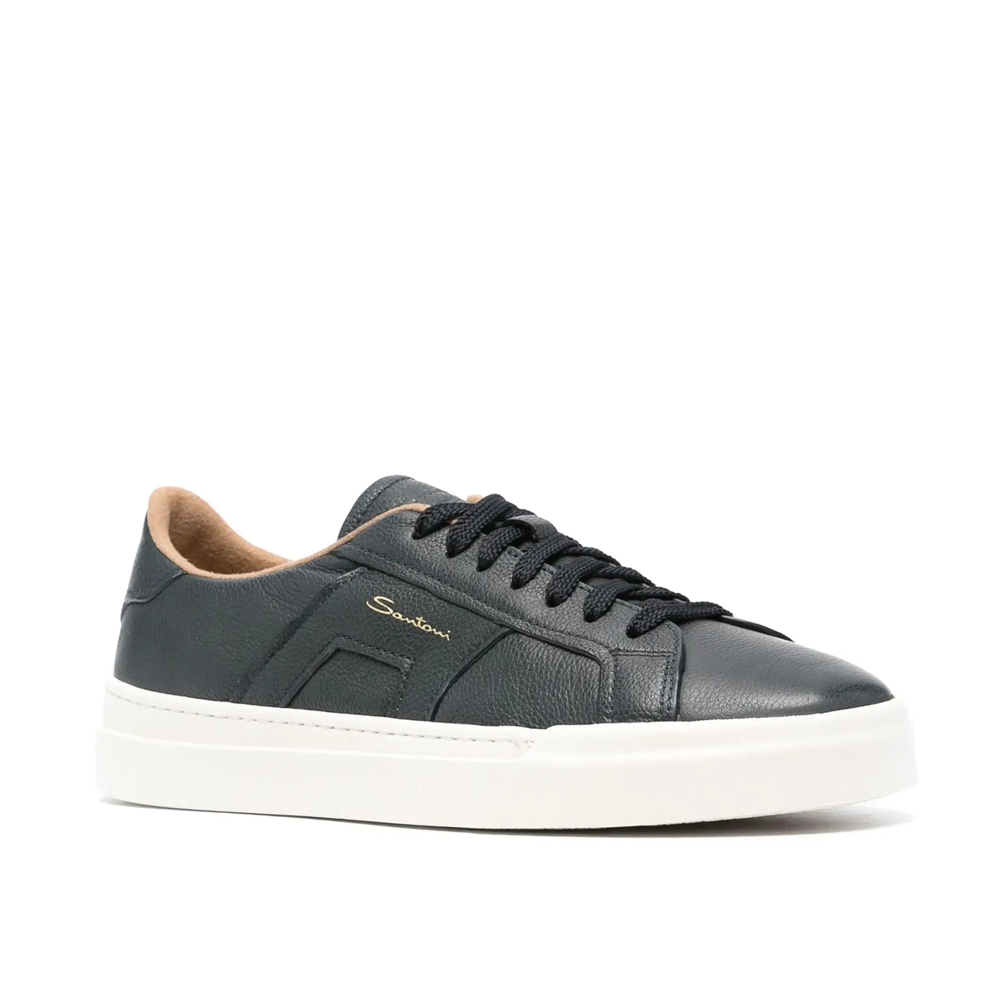 Blue Lace-up Grained Leather Sneakers